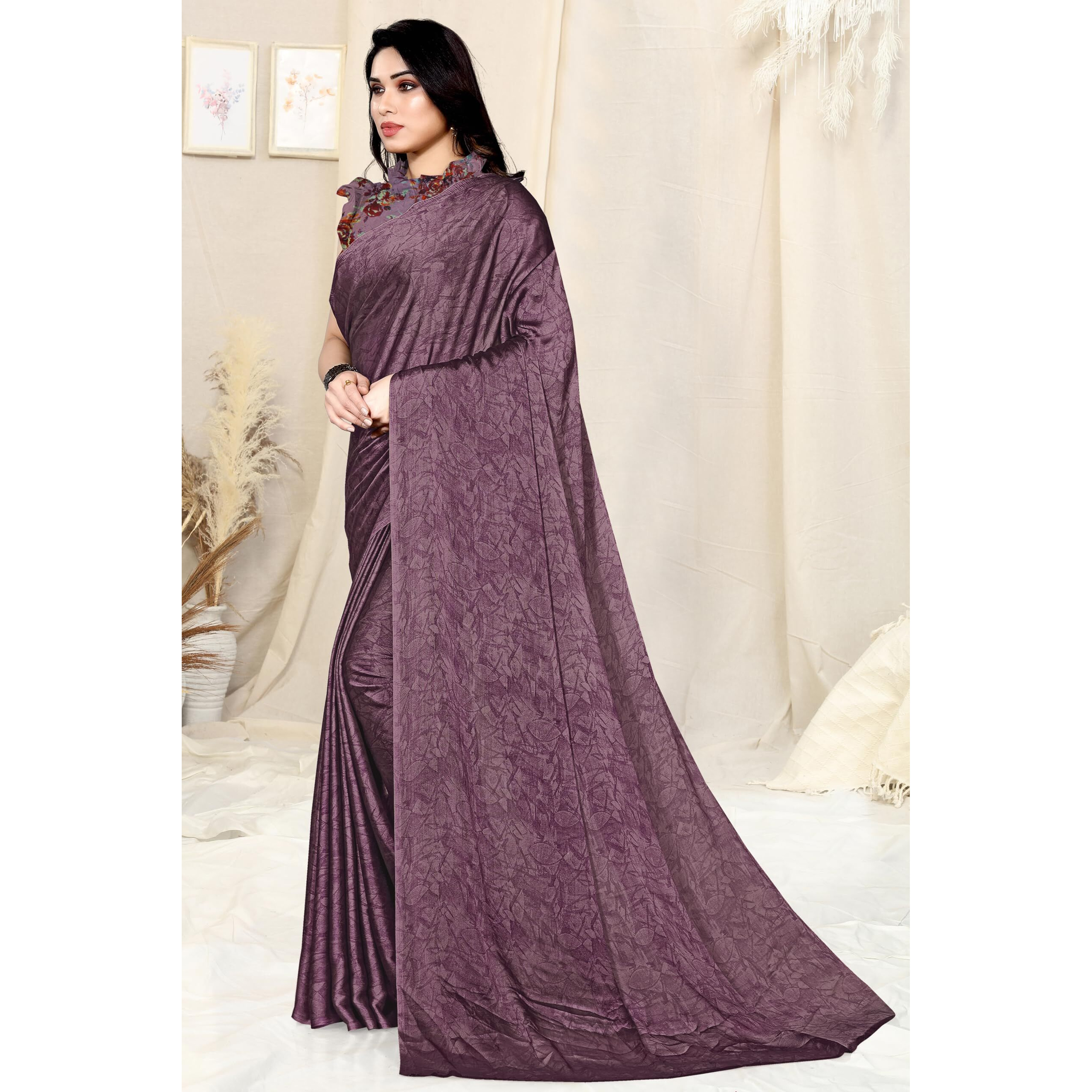 SOURBH Womens Plain Weave Chiffon Saree with Blouse Piece (25764A-Wine)