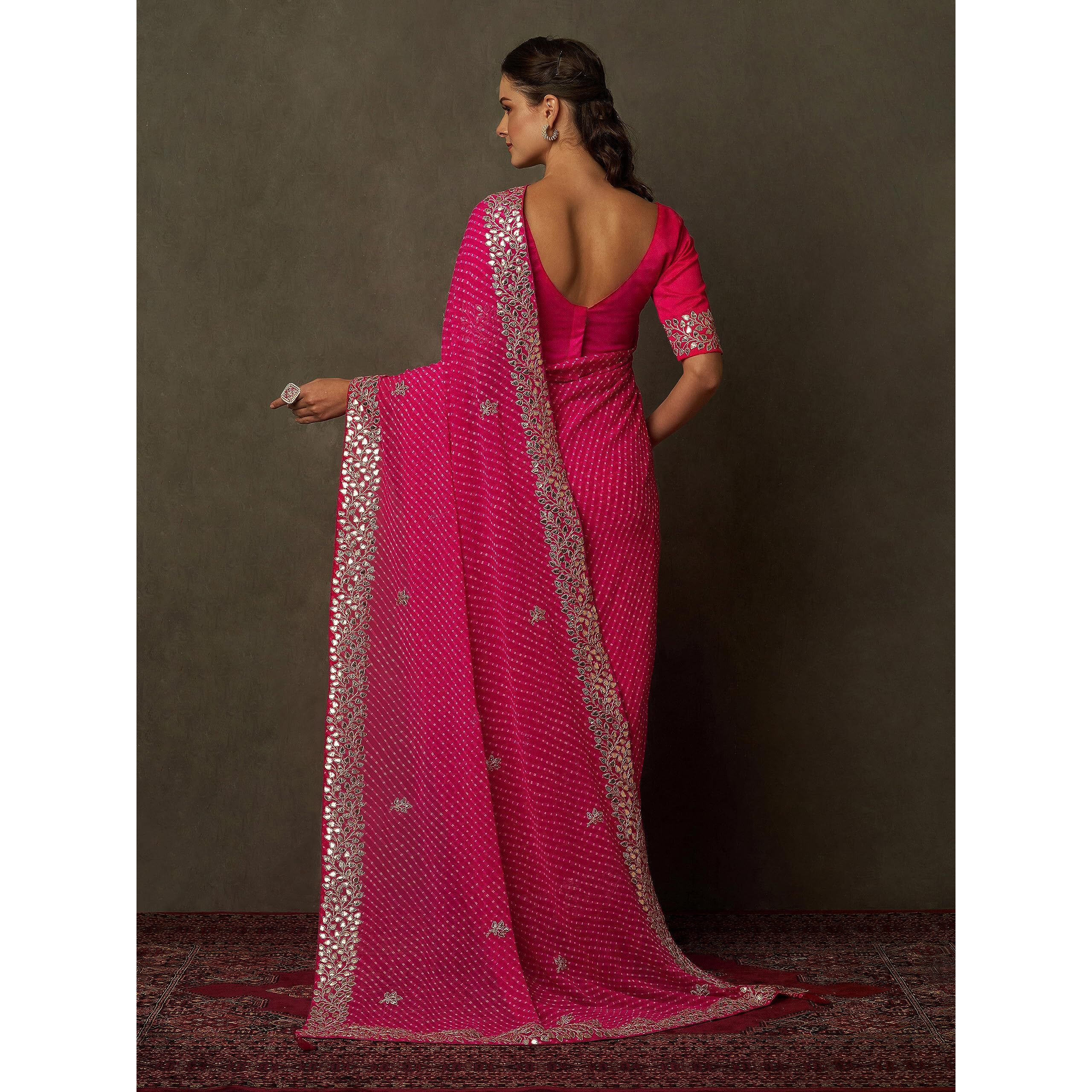 AKHILAM Womens Embellished Gota Work Georgette Bandhani Saree With Unstiched Blouse Piece (Barbie Pink_DHNIYA471_DC)