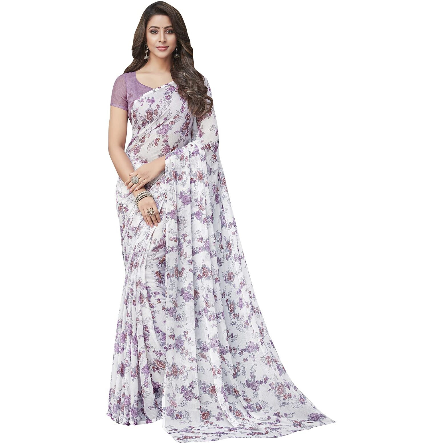 Satrani Womens Floral Printed Chiffon Saree (2141ST712_White, Light Purple)