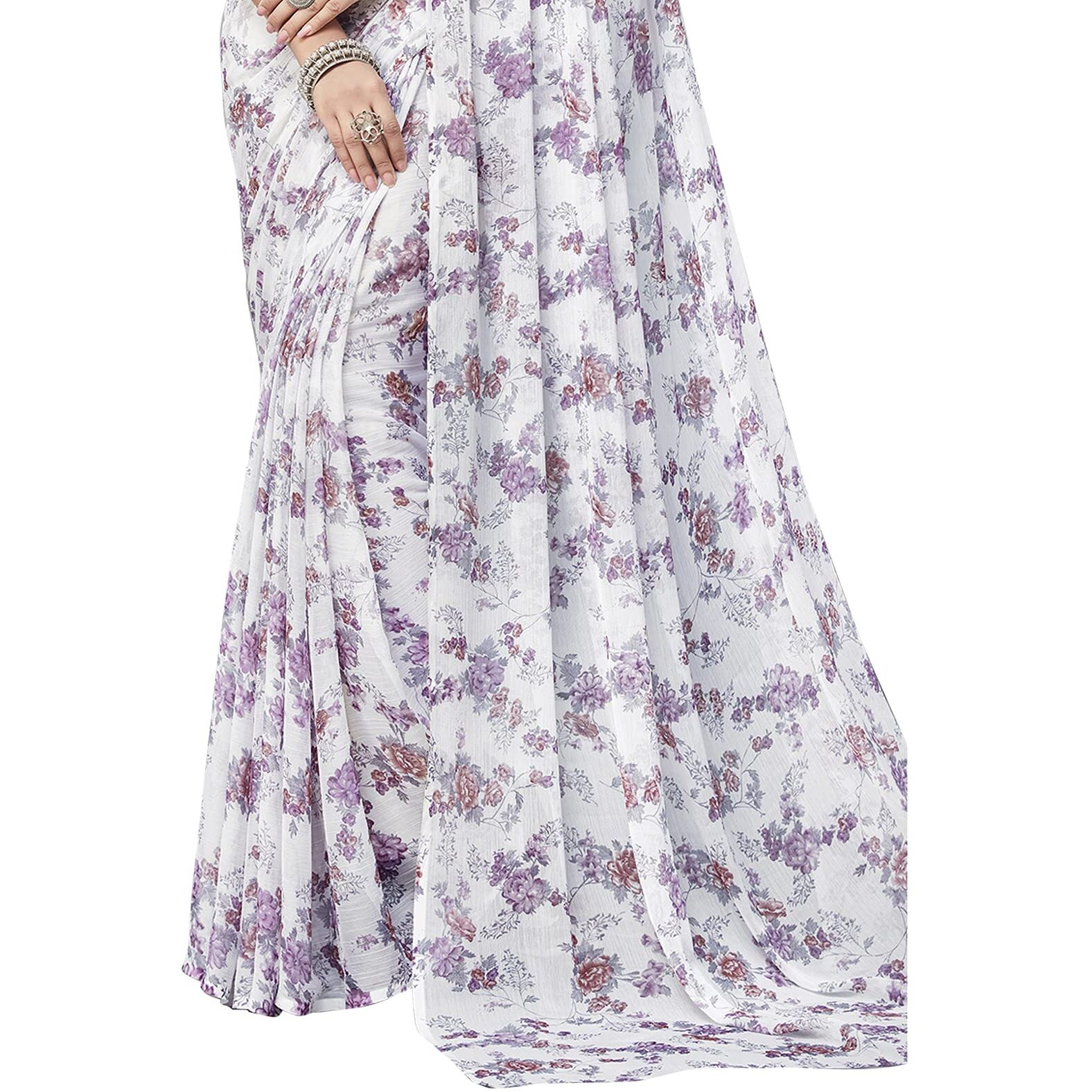 Satrani Womens Floral Printed Chiffon Saree (2141ST712_White, Light Purple)