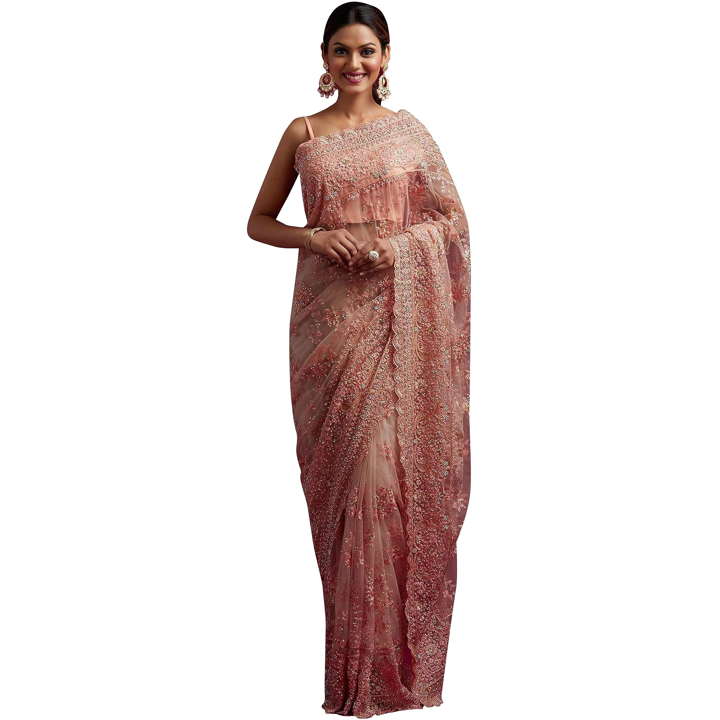 TRENDMALLS Womens Net Embroidery Work Saree with Blouse Piece (K997-Peach)