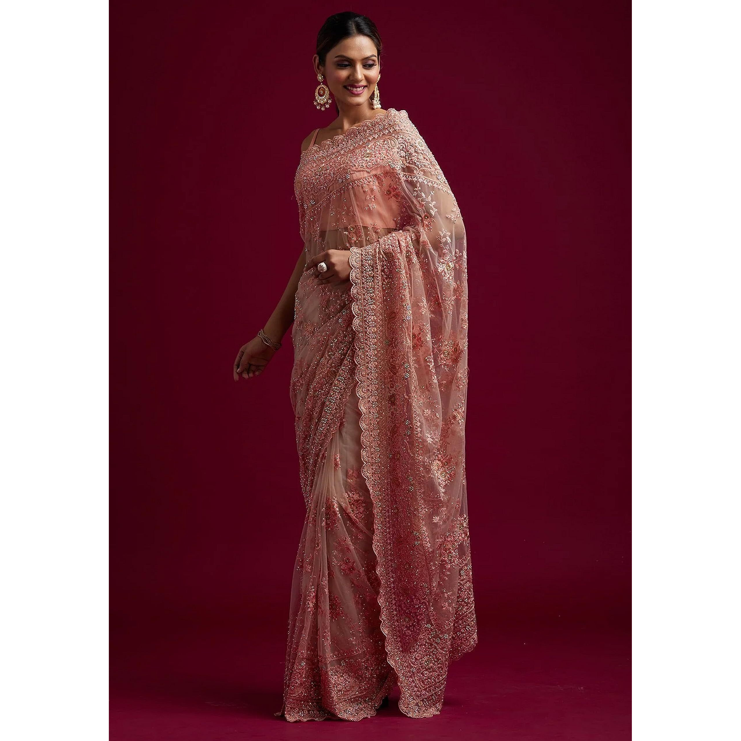 TRENDMALLS Womens Net Embroidery Work Saree with Blouse Piece (K997-Peach)