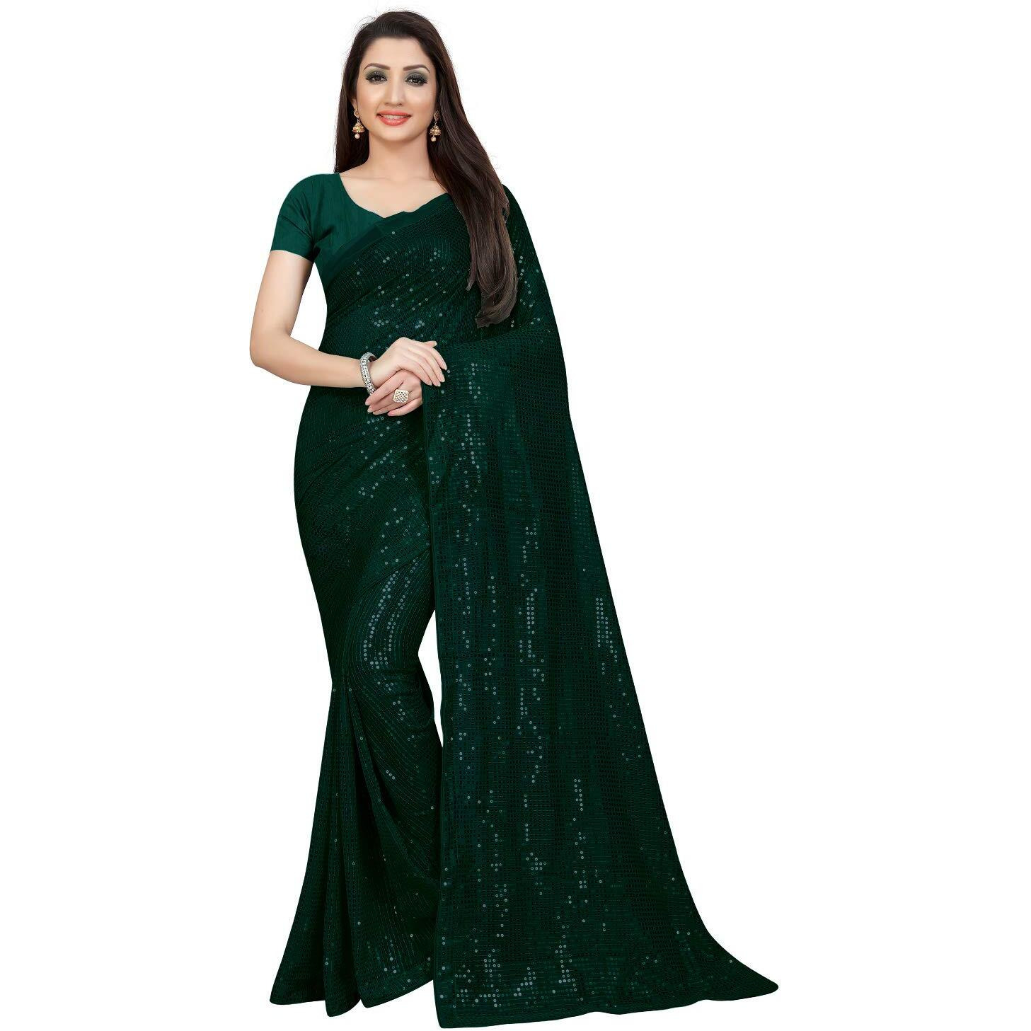 PristiveFashionHub Womens Pure Georgette Sequence Saree With Un-Stiched Blouse Piece (Green)