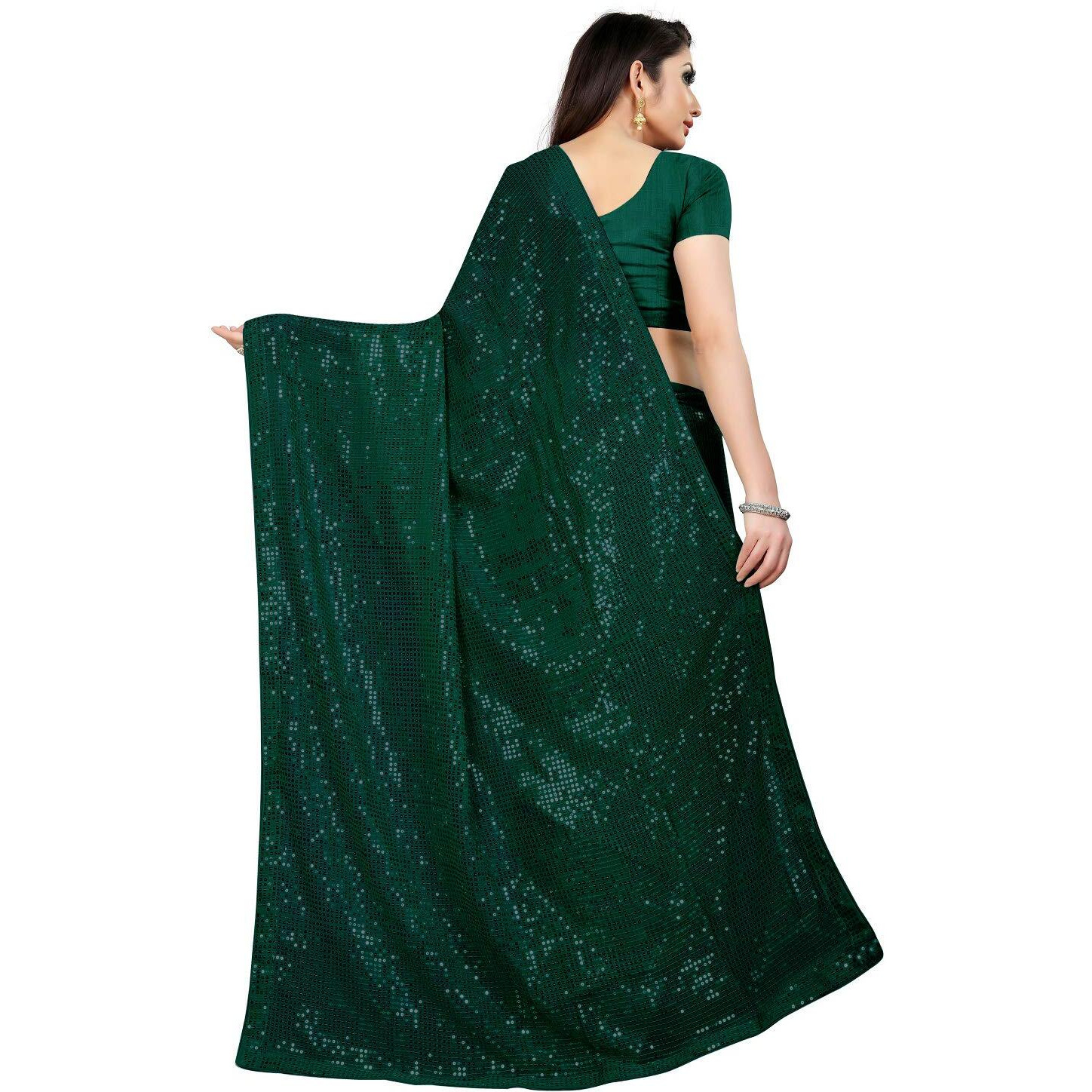 PristiveFashionHub Womens Pure Georgette Sequence Saree With Un-Stiched Blouse Piece (Green)