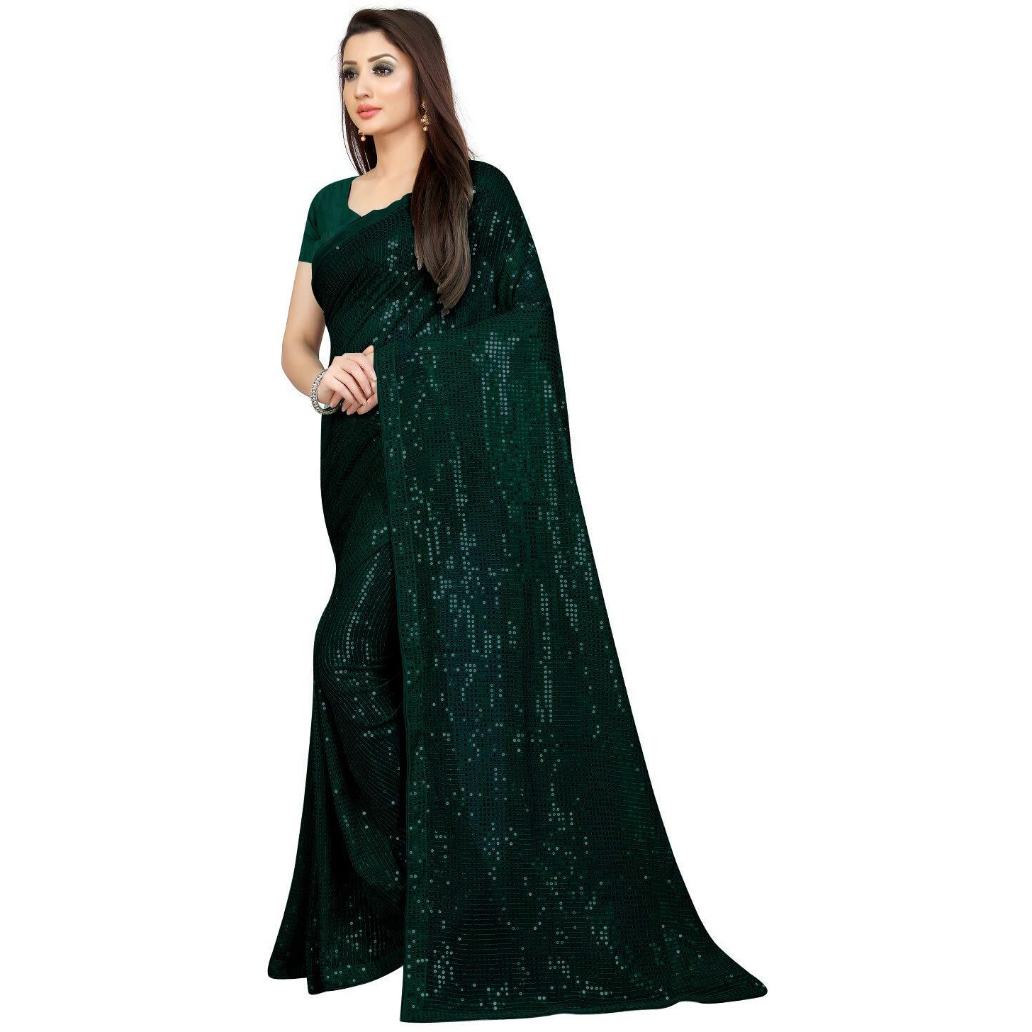 PristiveFashionHub Womens Pure Georgette Sequence Saree With Un-Stiched Blouse Piece (Green)