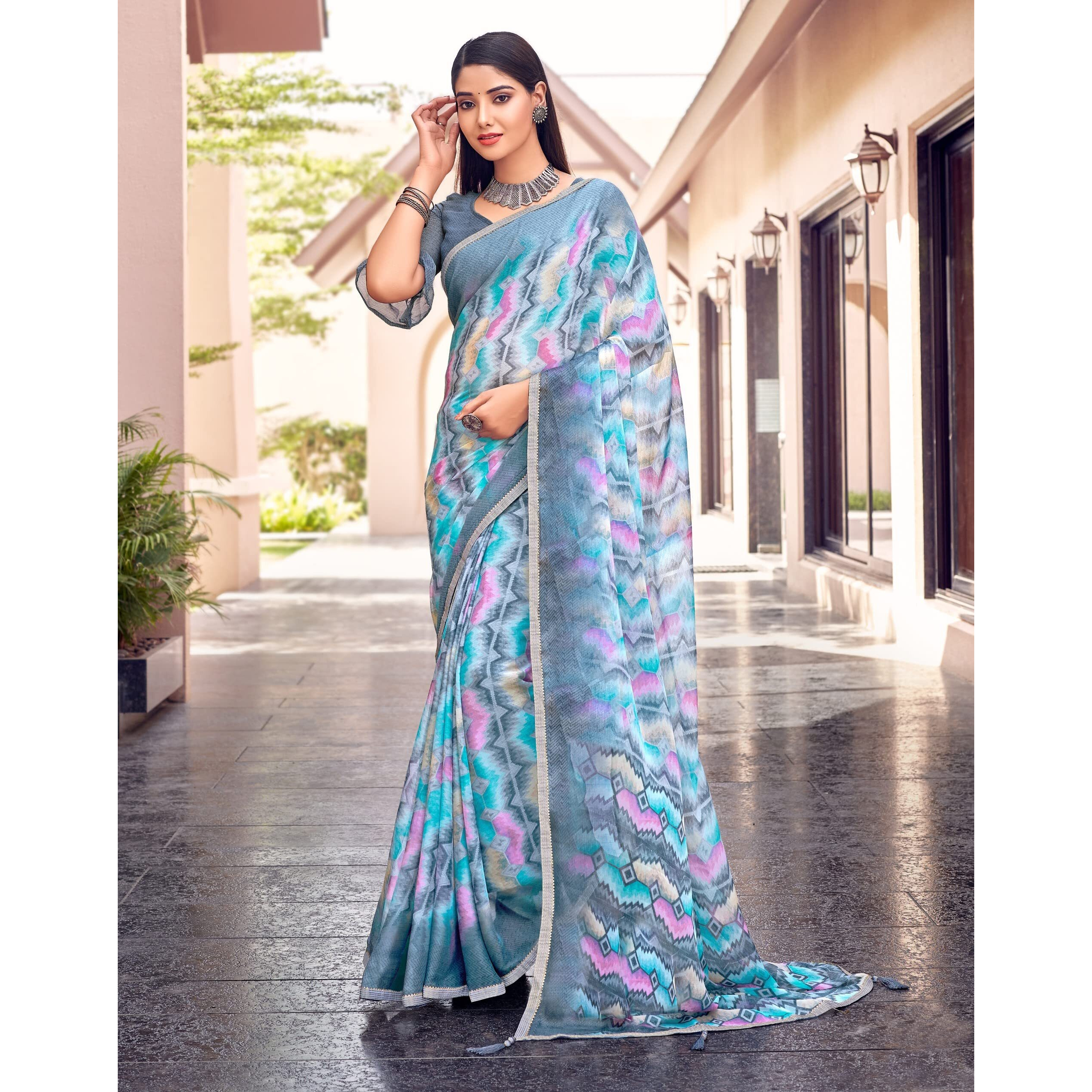 Amazon Brand - Anarva Womens Chiffon Printed Banarasi Border Saree With Blouse Piece(Savyaa-22803-A), Blue