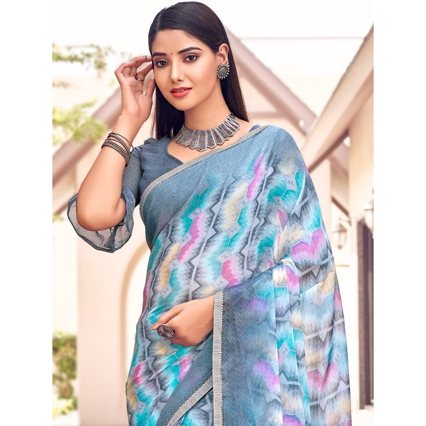 Amazon Brand - Anarva Womens Chiffon Printed Banarasi Border Saree With Blouse Piece(Savyaa-22803-A), Blue