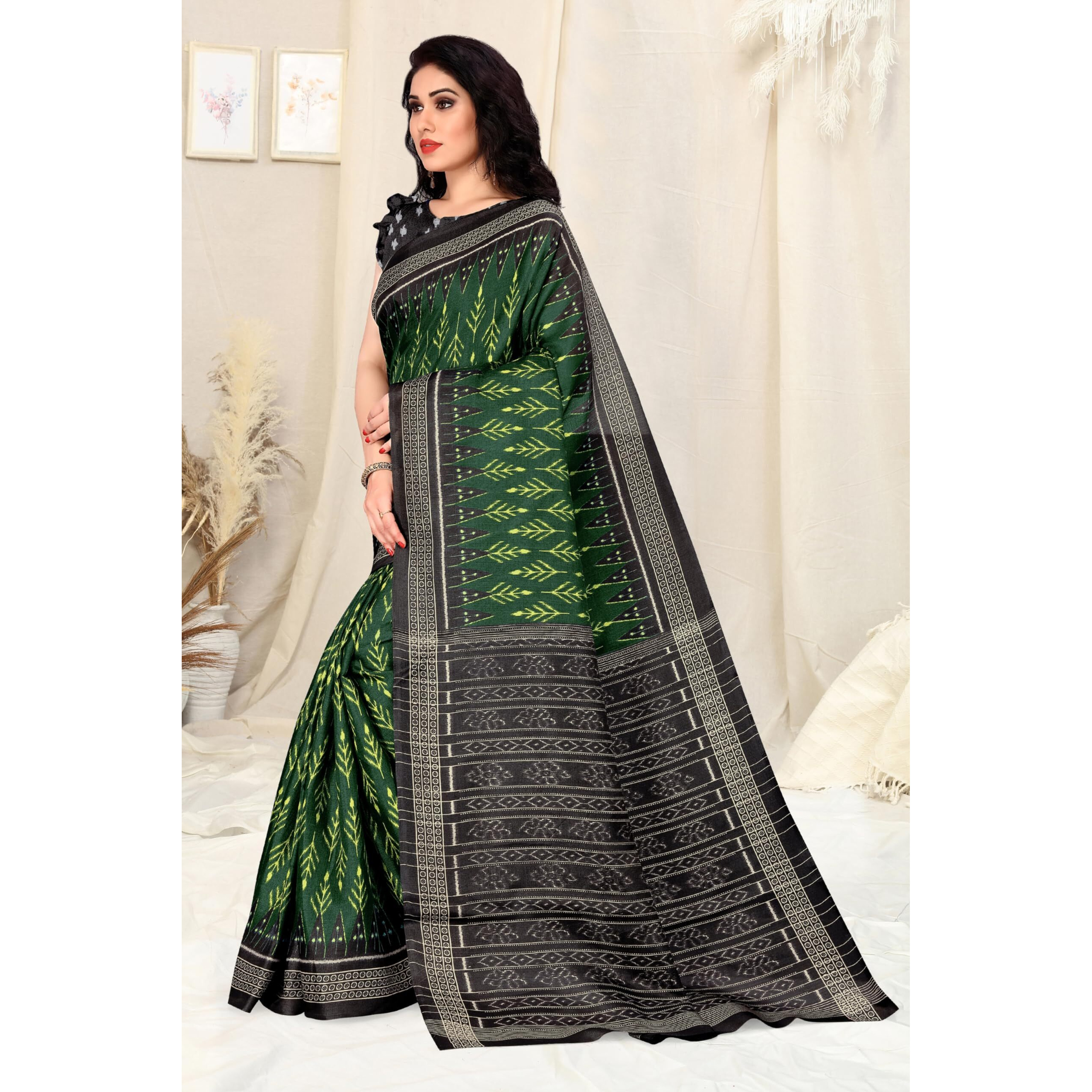 SOURBH Womens Art Silk Ikat Dyed Printed Saree with Blouse Piece (22086-Green, Black)