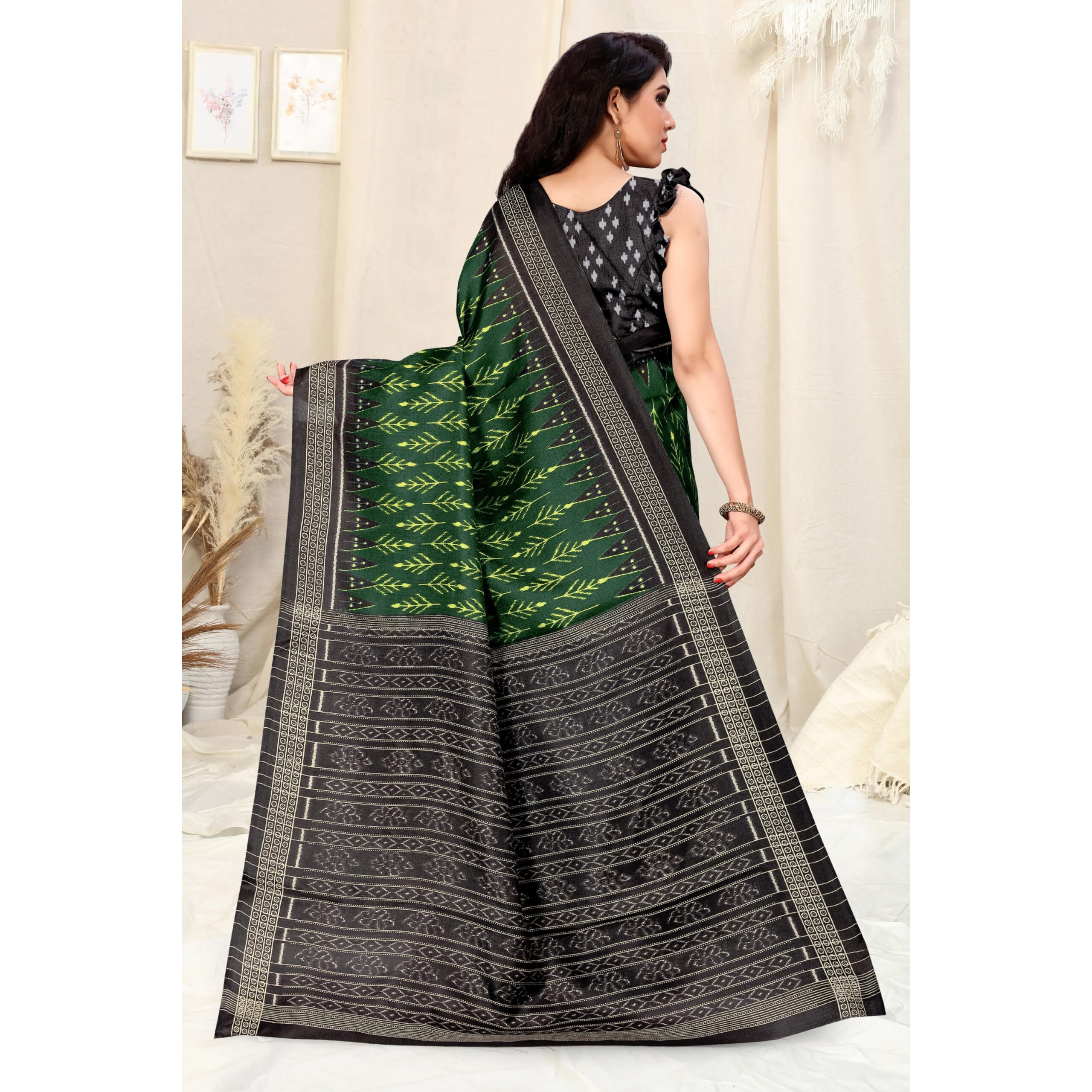 SOURBH Womens Art Silk Ikat Dyed Printed Saree with Blouse Piece (22086-Green, Black)