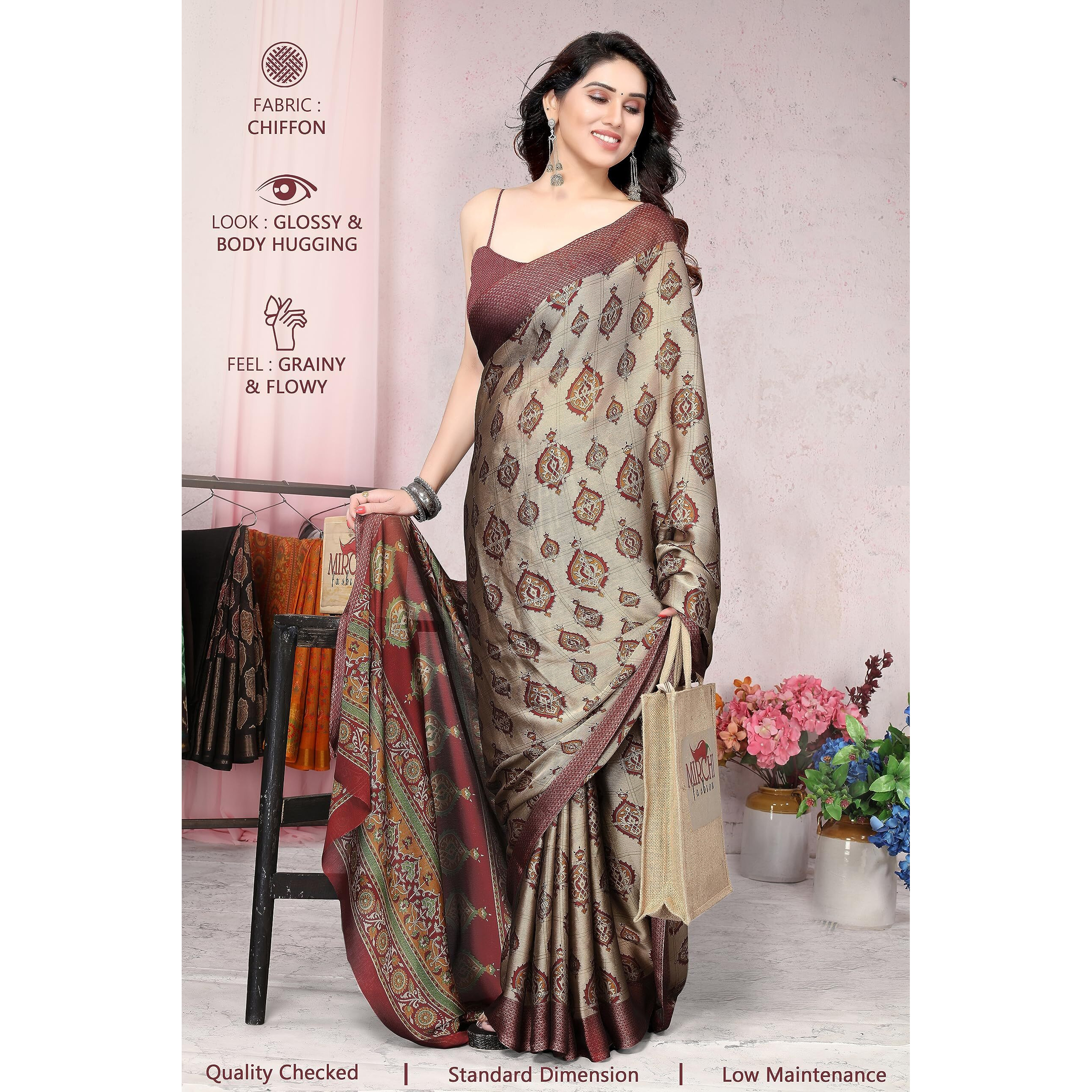 MIRCHI FASHION Womens Plain Weave Chiffon Kalamkari Block Printed Saree with Blouse Piece (36158-Beige, Maroon)