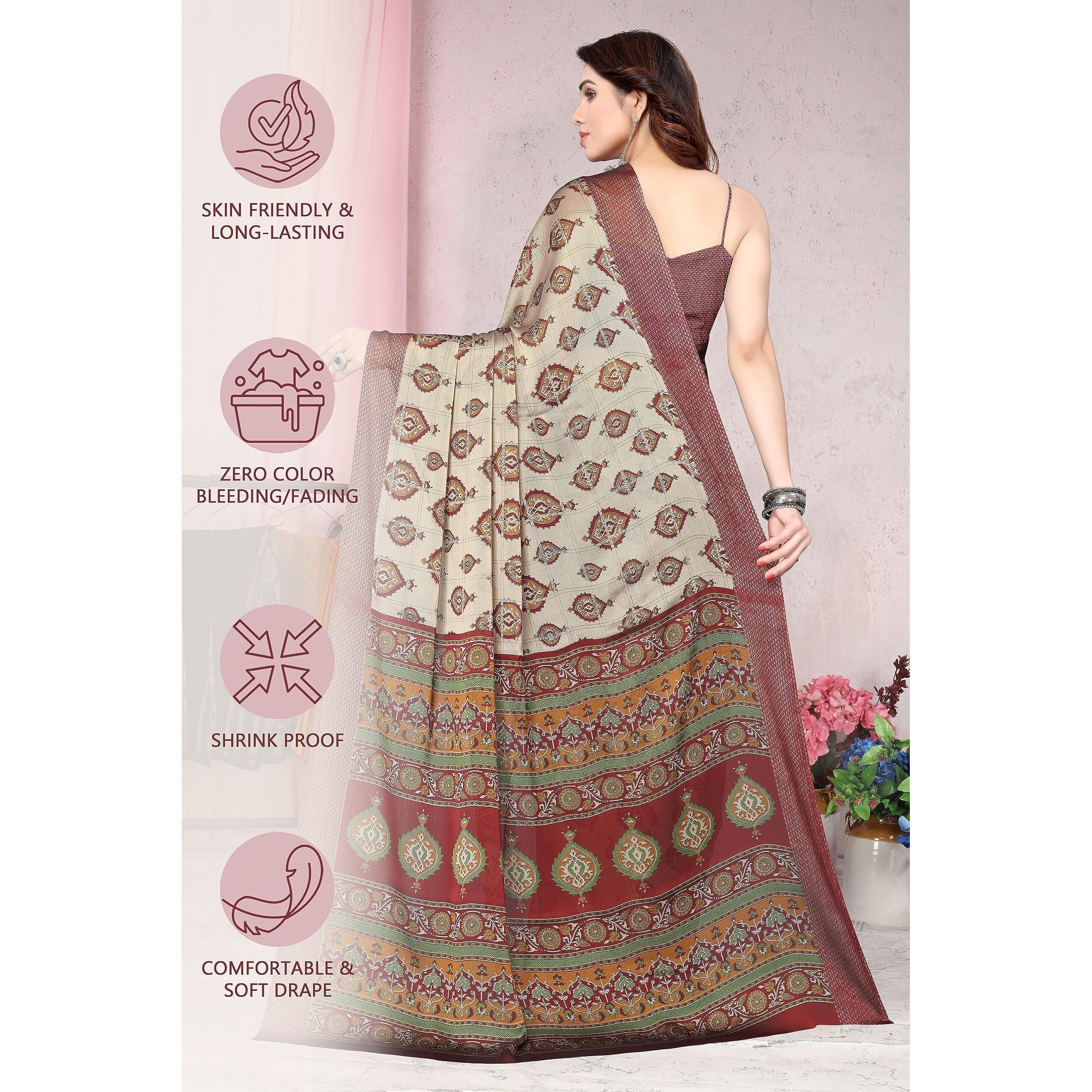 MIRCHI FASHION Womens Plain Weave Chiffon Kalamkari Block Printed Saree with Blouse Piece (36158-Beige, Maroon)