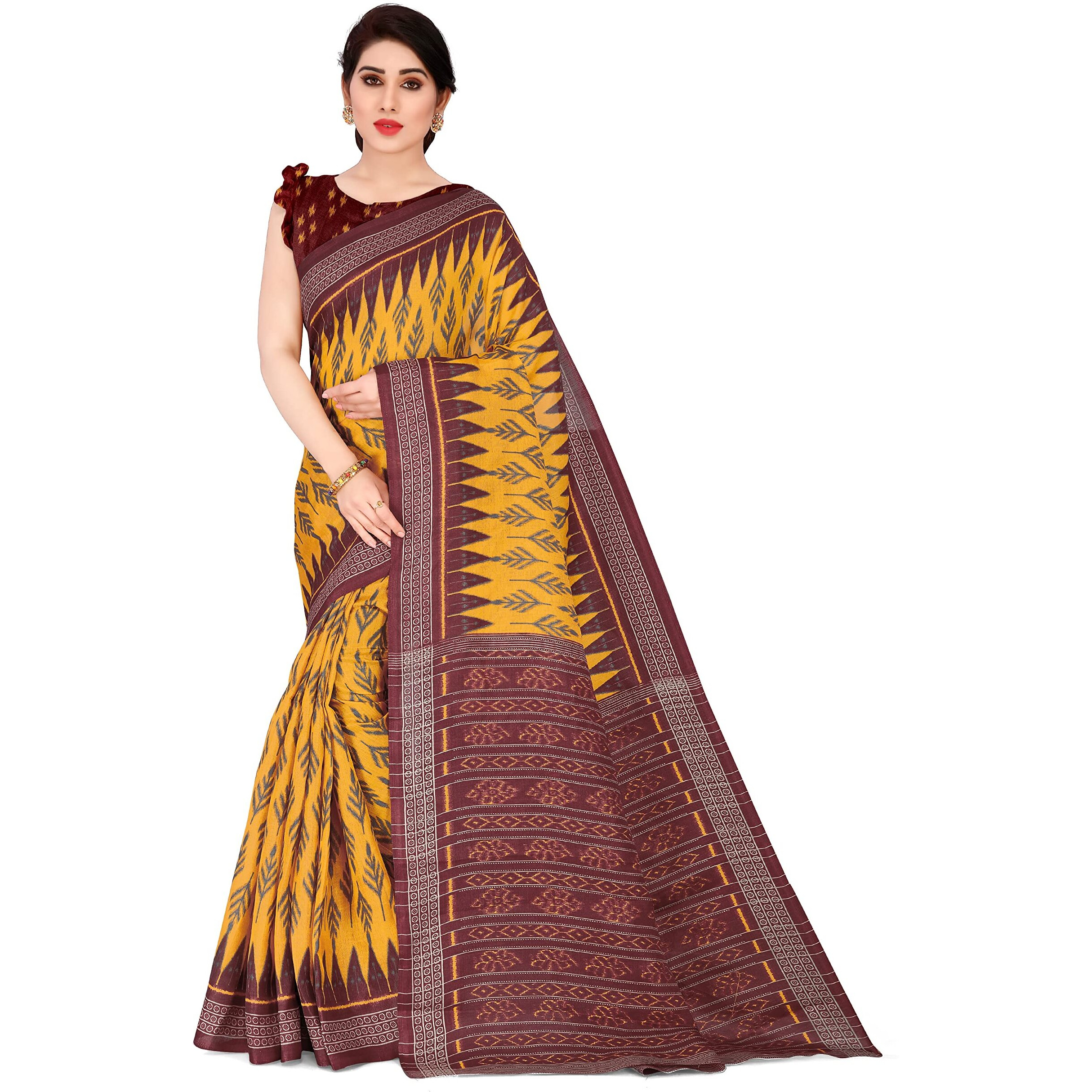 SOURBH Womens Art Silk Ikat Dyed Printed Saree with Blouse Piece (22088-Mustard, Maroon)