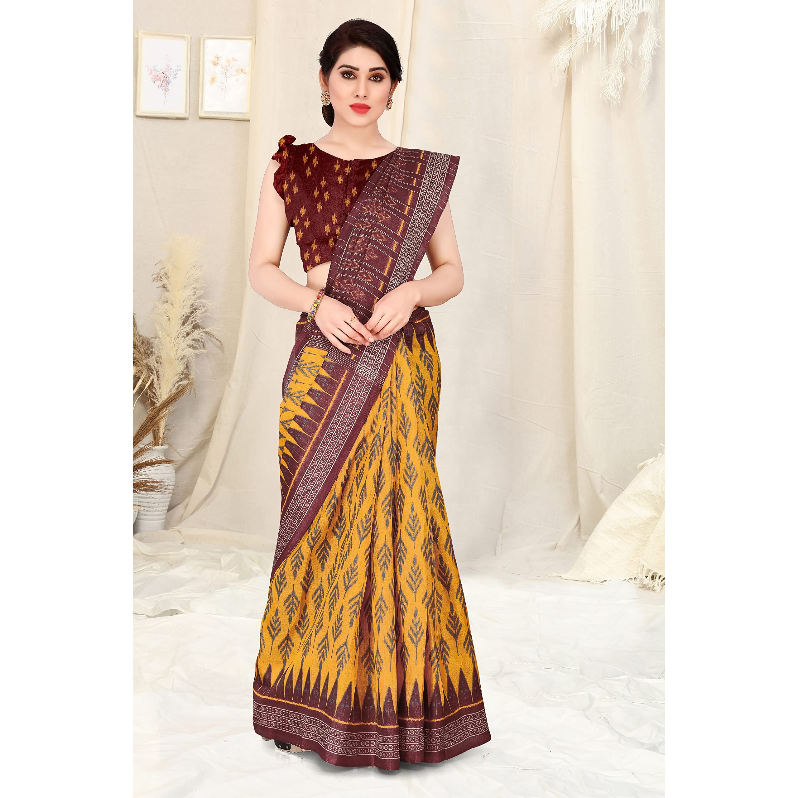 SOURBH Womens Art Silk Ikat Dyed Printed Saree with Blouse Piece (22088-Mustard, Maroon)