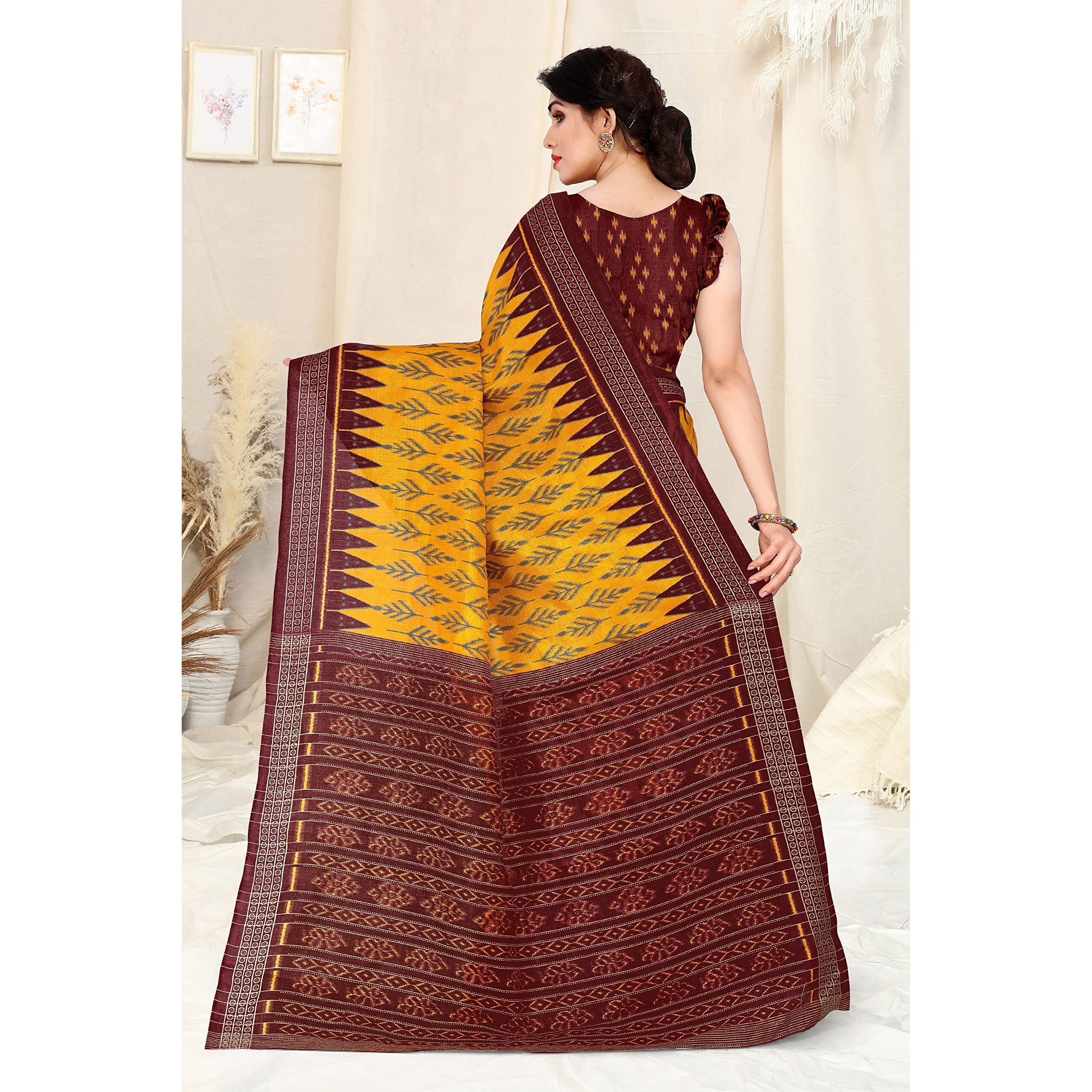 SOURBH Womens Art Silk Ikat Dyed Printed Saree with Blouse Piece (22088-Mustard, Maroon)