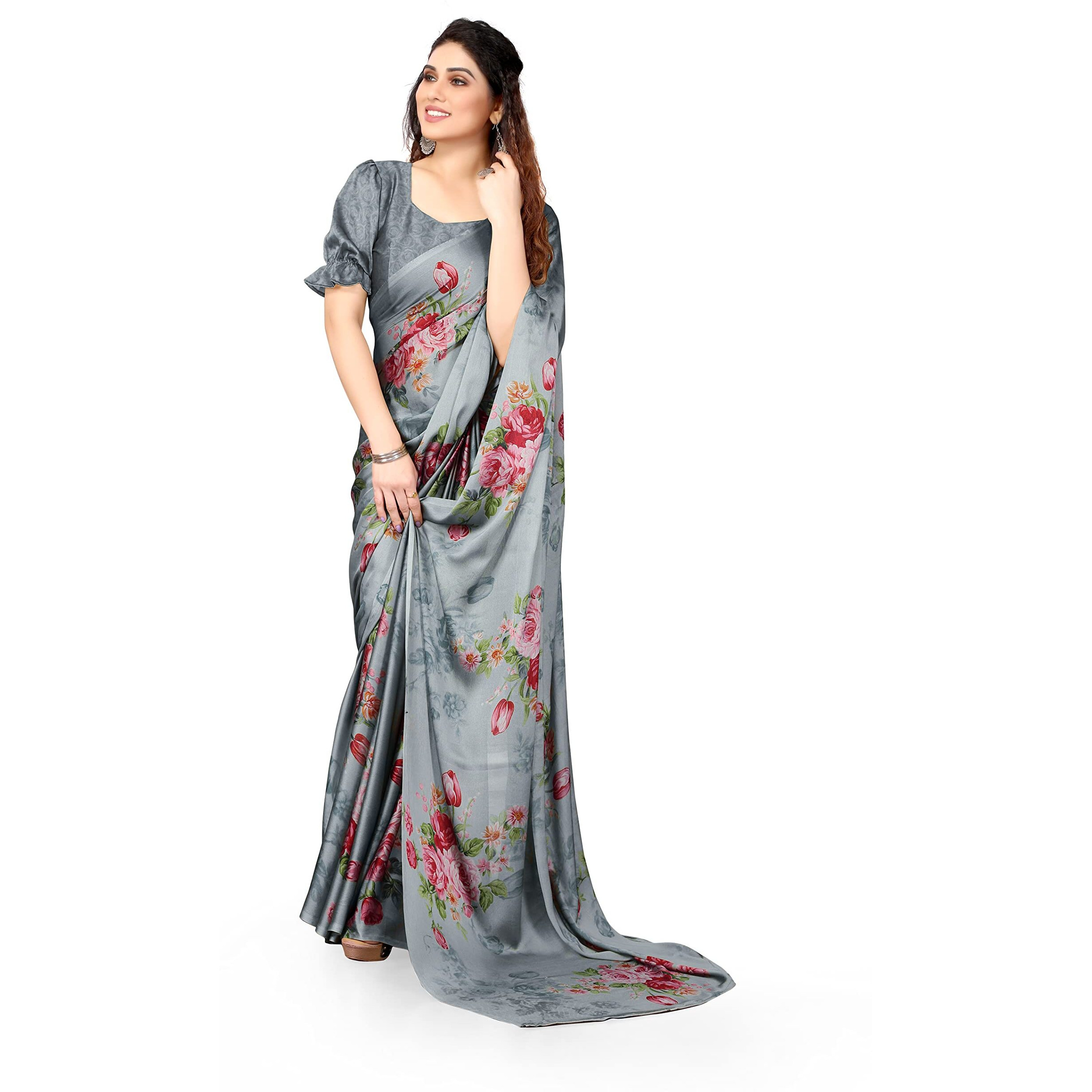 MIRCHI FASHION Womens Plain Weave Chiffon Floral Printed Saree with Blouse Piece (37867-Grey, Maroon, Multi)