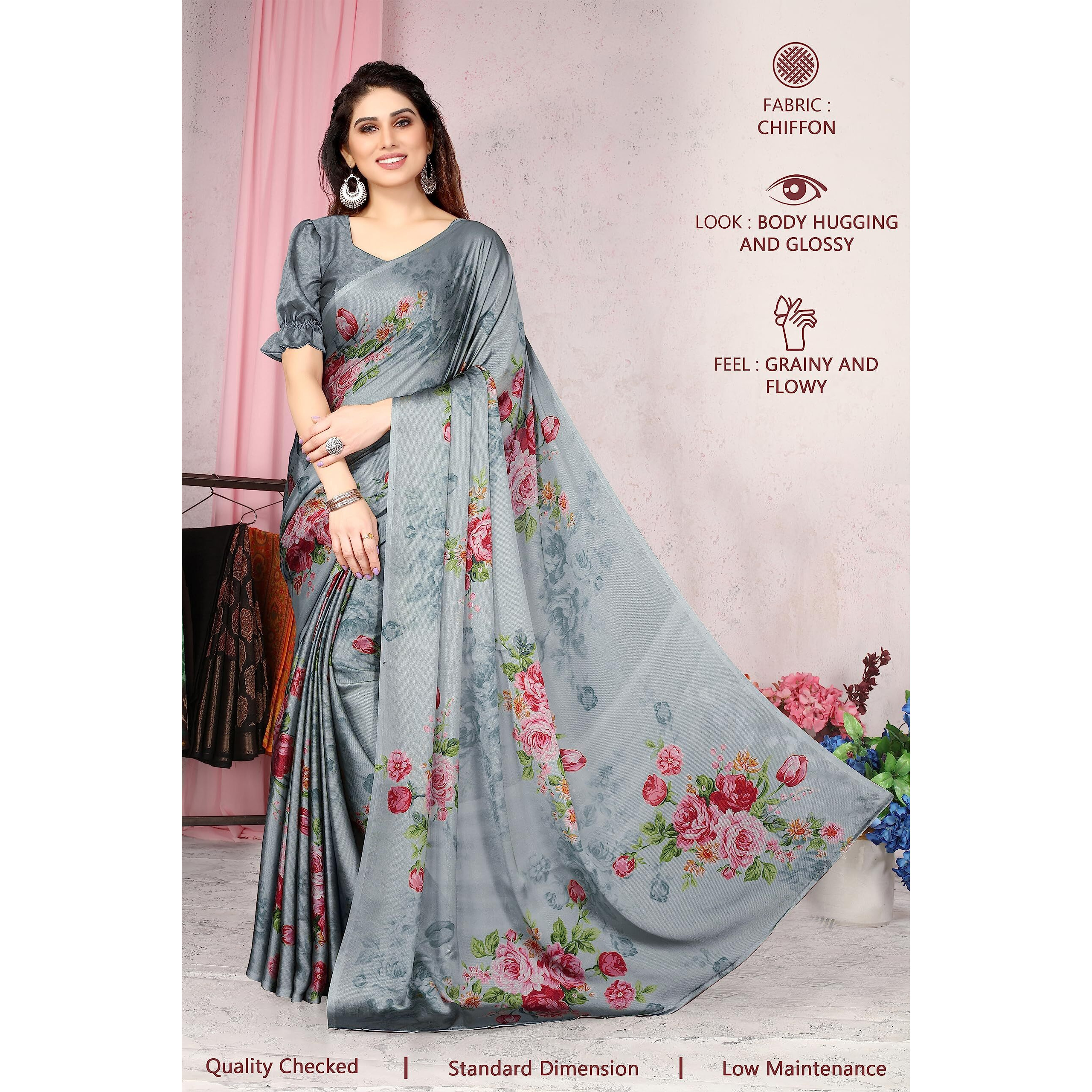 MIRCHI FASHION Womens Plain Weave Chiffon Floral Printed Saree with Blouse Piece (37867-Grey, Maroon, Multi)