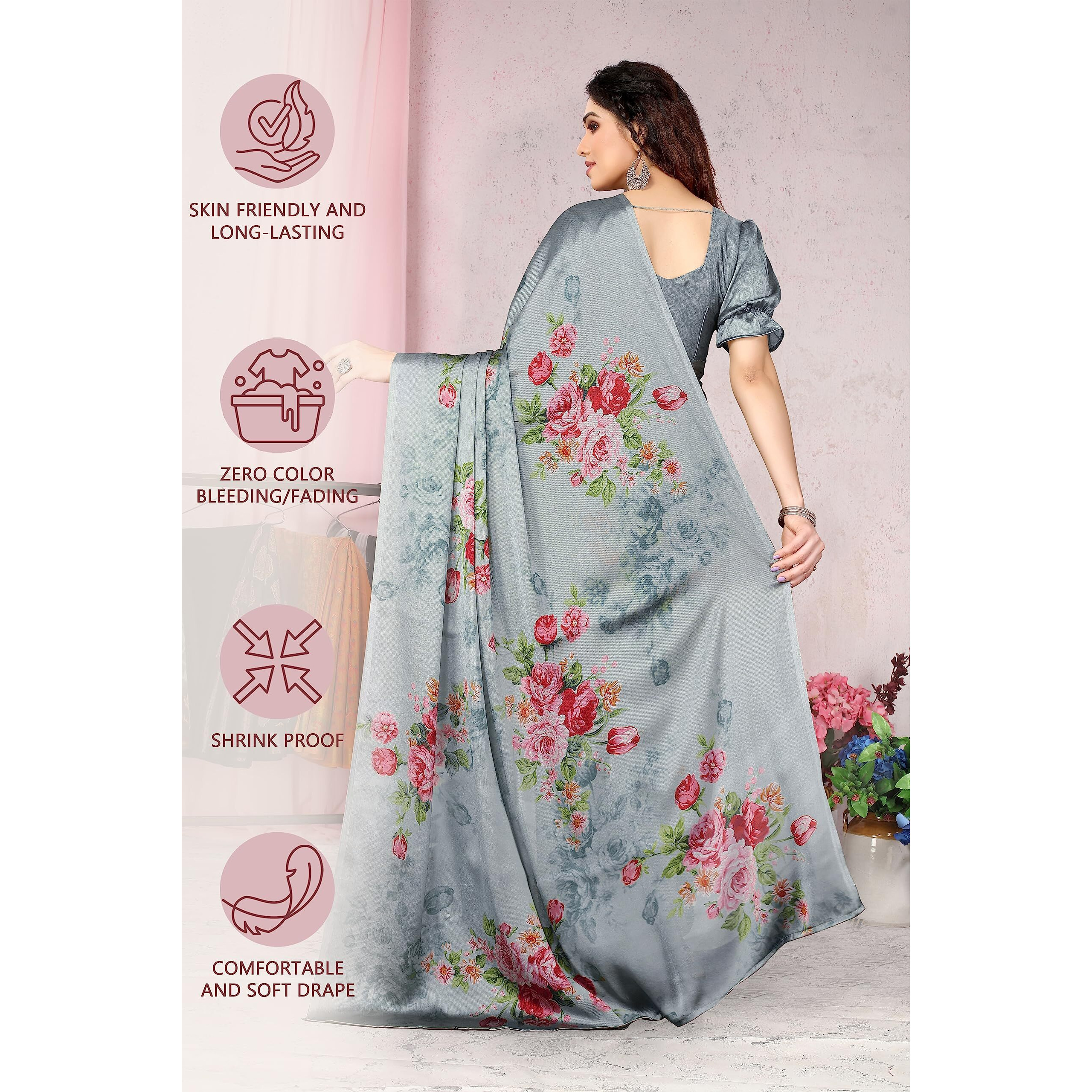 MIRCHI FASHION Womens Plain Weave Chiffon Floral Printed Saree with Blouse Piece (37867-Grey, Maroon, Multi)