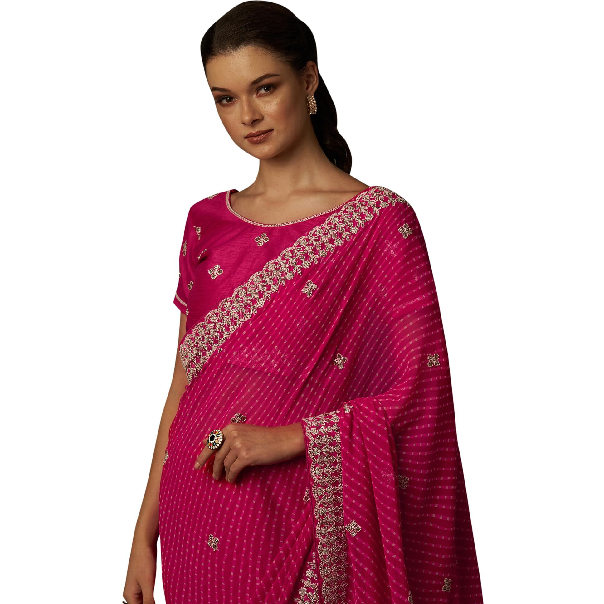 AKHILAM Womens Embellished Gota Work Georgette Bandhani Saree With Unstiched Blouse Piece (Barbie Pink_DHNIYA460_DC)