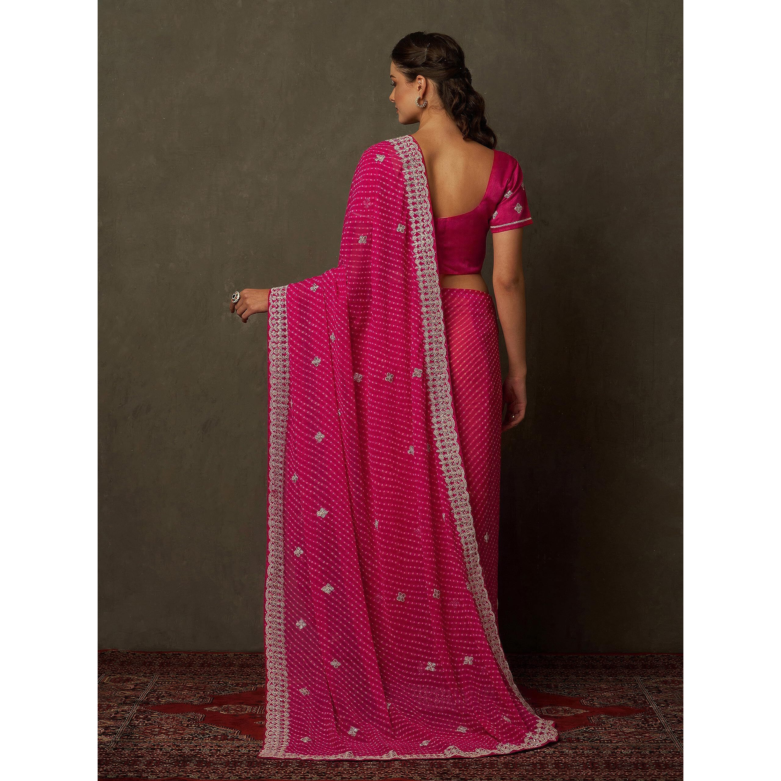 AKHILAM Womens Embellished Gota Work Georgette Bandhani Saree With Unstiched Blouse Piece (Barbie Pink_DHNIYA460_DC)