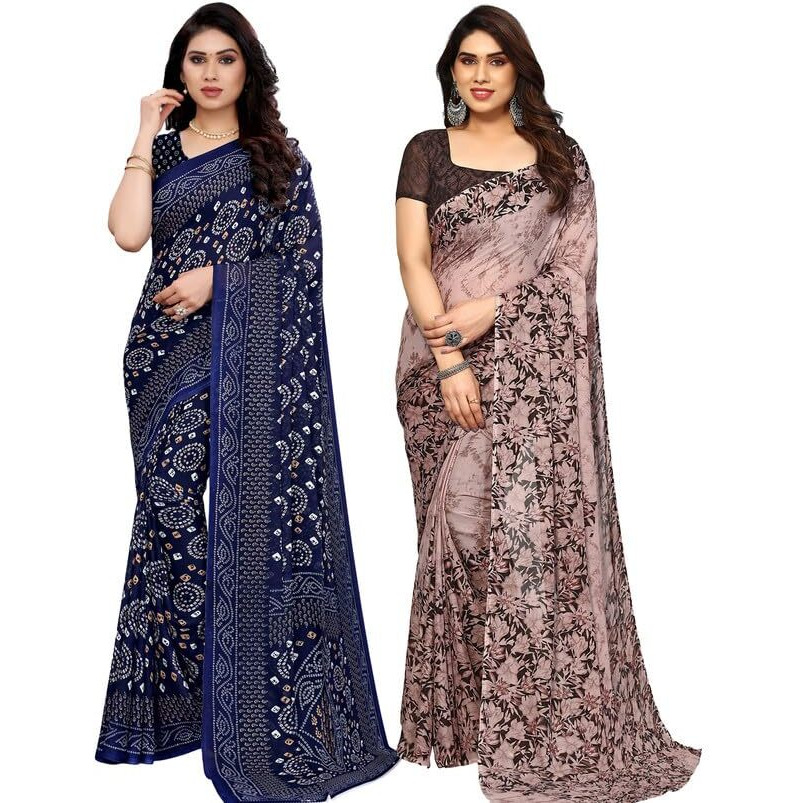 Satrani Womens Pure Georgette Saree (2041S575N_3112S2156N_Navy Blue | Brown)