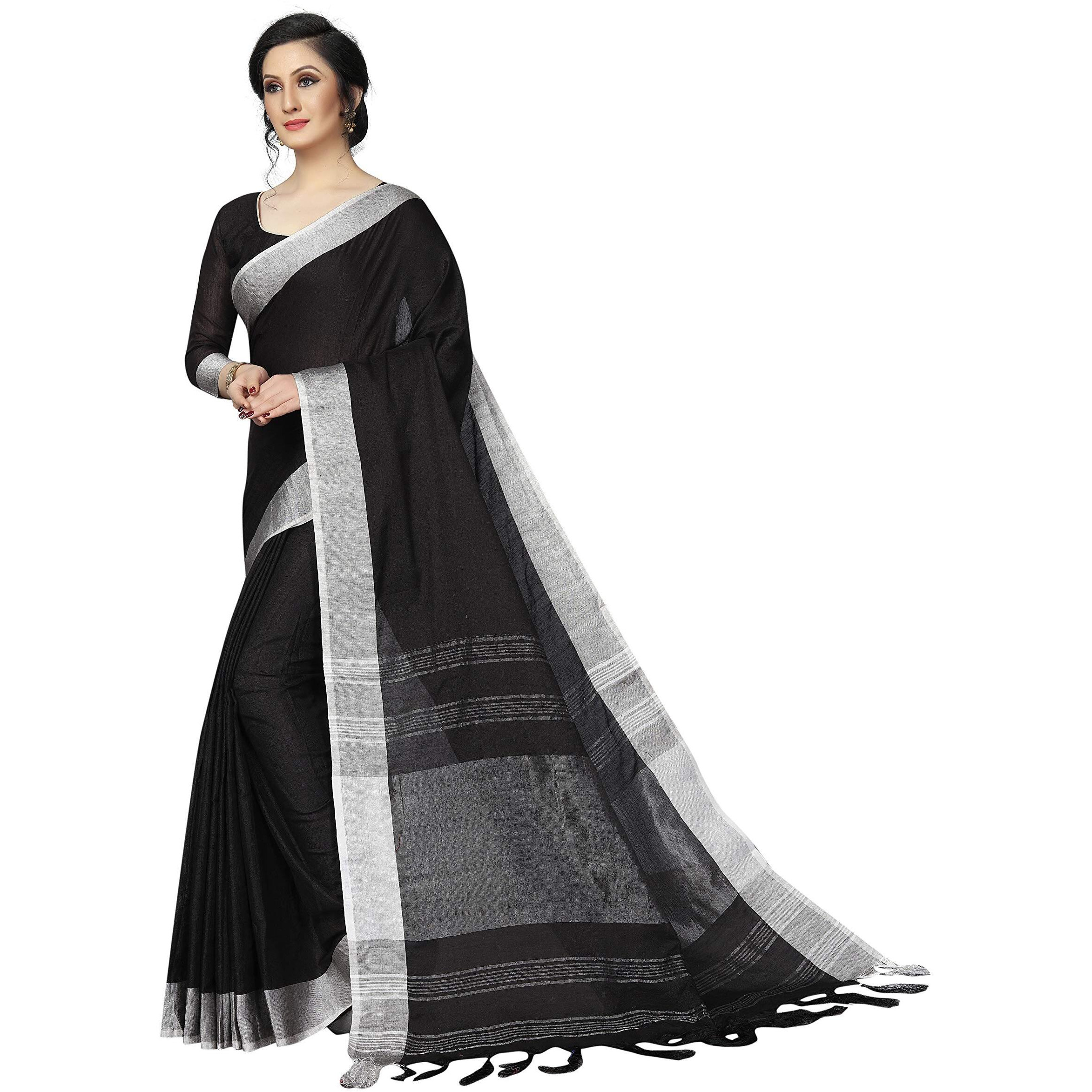 PERFECTBLUE Women`s Blend Linen saree with Blouse Piece(LinenPlain1_Variation) (Black)