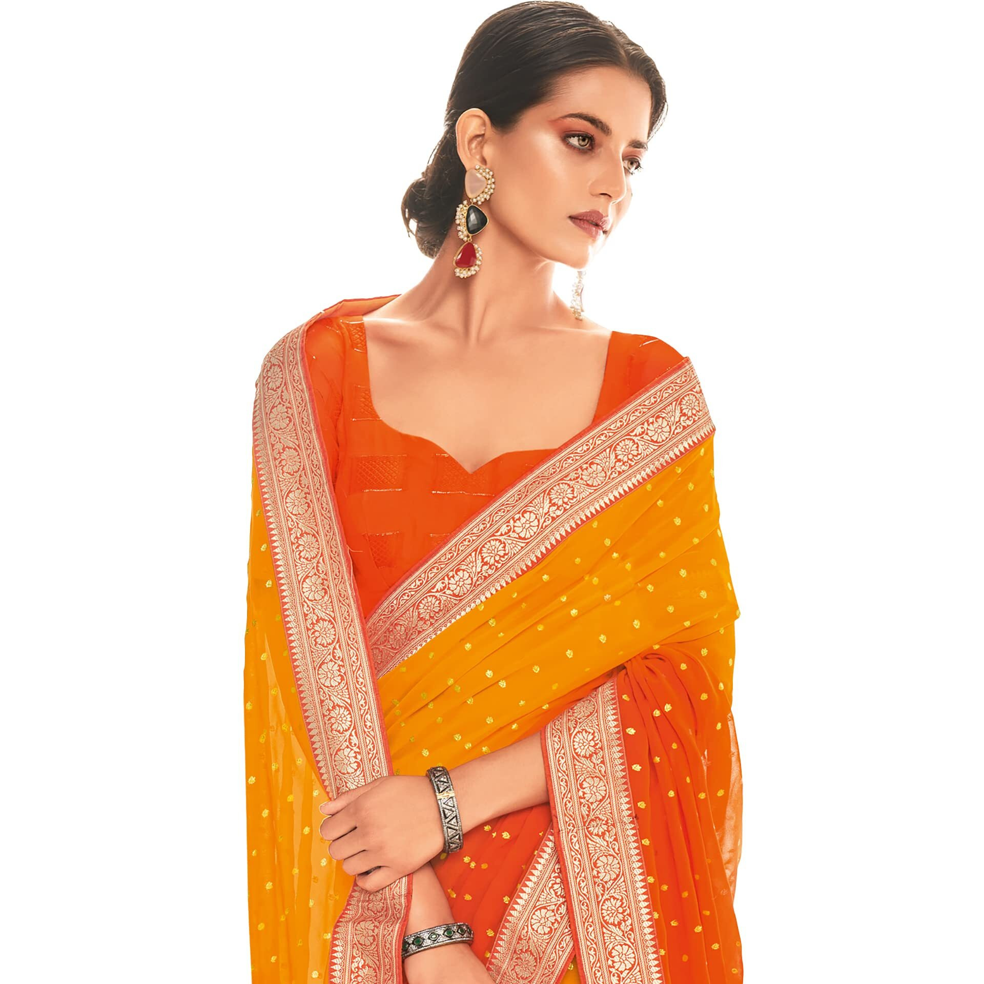 AKHILAM Womens Foil Printed Georgette Lace work Embellished Border Saree With Unstitched Blouse Piece (Mustard&Orange_RIHANA1001)