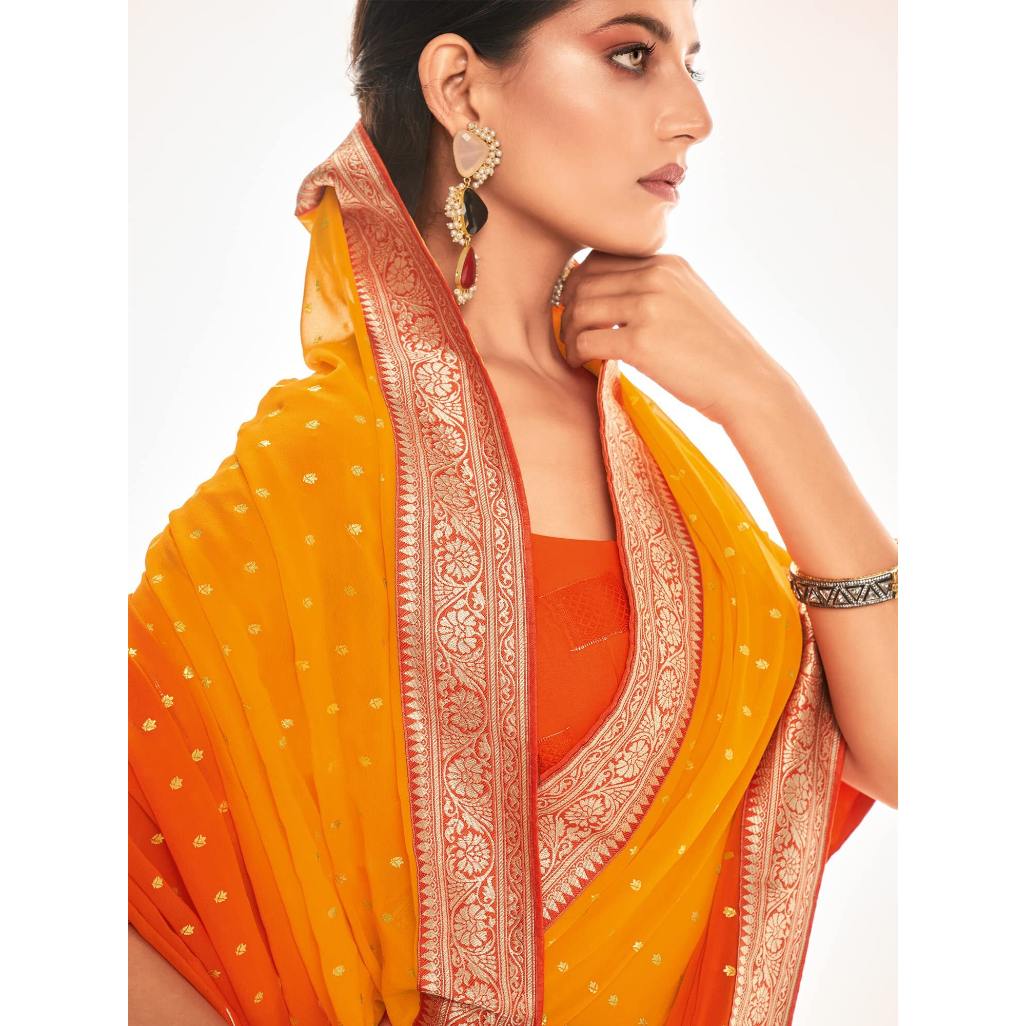 AKHILAM Womens Foil Printed Georgette Lace work Embellished Border Saree With Unstitched Blouse Piece (Mustard&Orange_RIHANA1001)