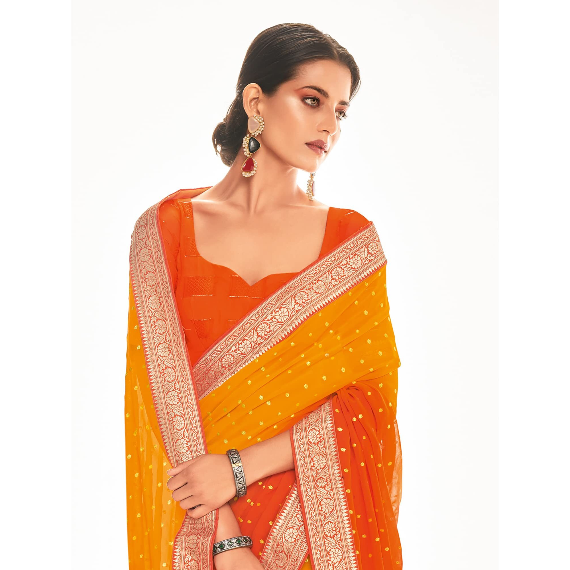 AKHILAM Womens Foil Printed Georgette Lace work Embellished Border Saree With Unstitched Blouse Piece (Mustard&Orange_RIHANA1001)