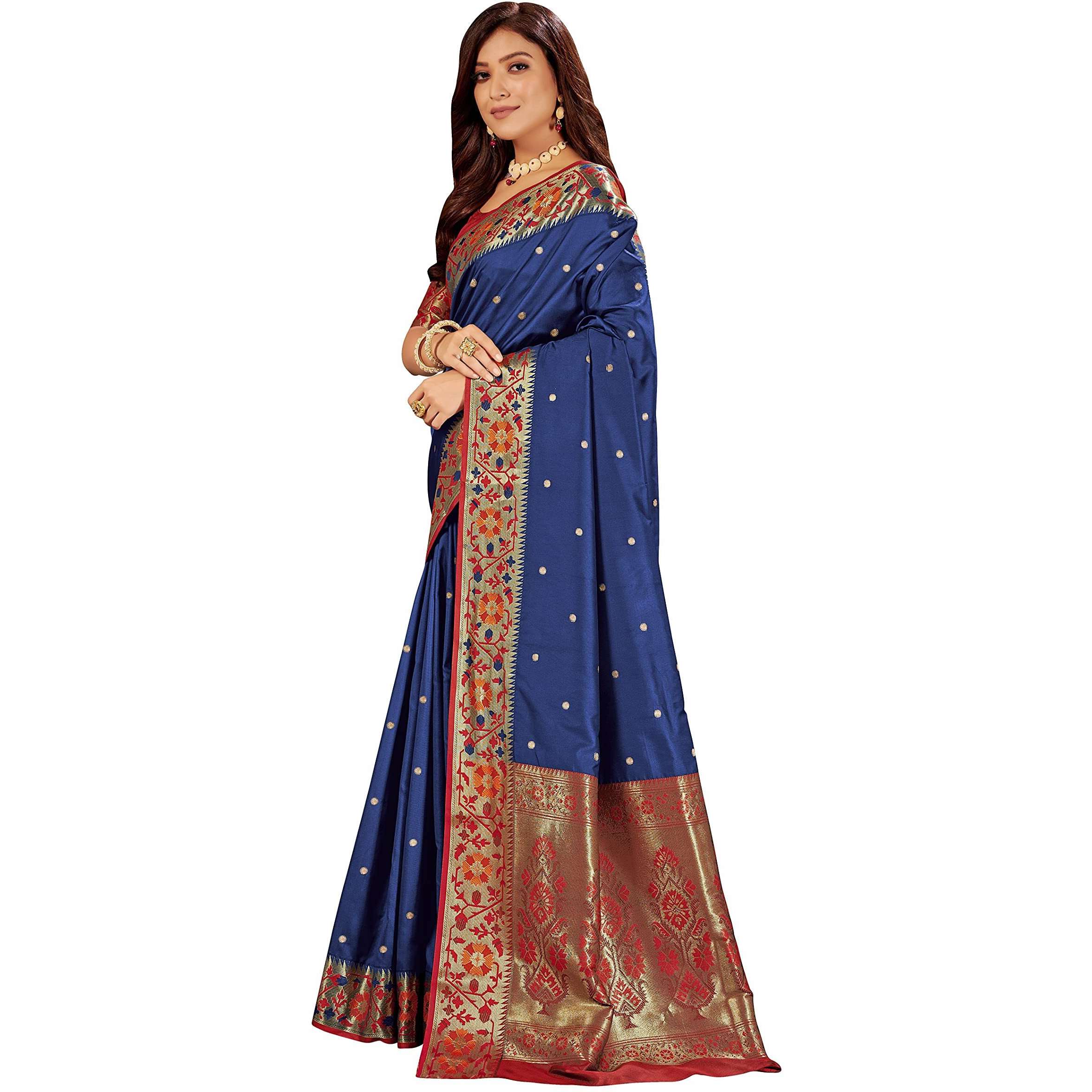 MANOHARI Womens Woven Silk Blend Saree with Blouse Piece (MN1207_Navy Blue)