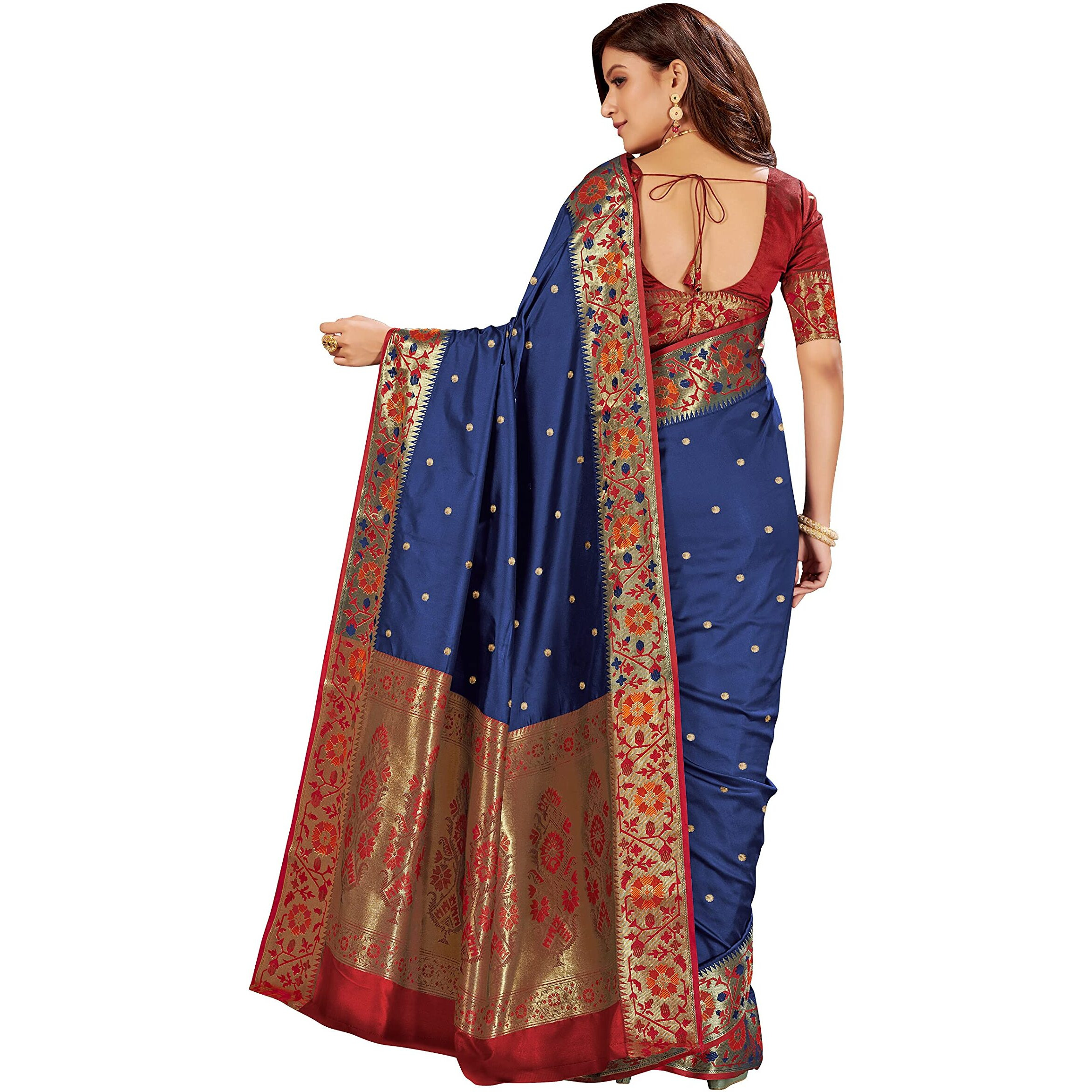 MANOHARI Womens Woven Silk Blend Saree with Blouse Piece (MN1207_Navy Blue)