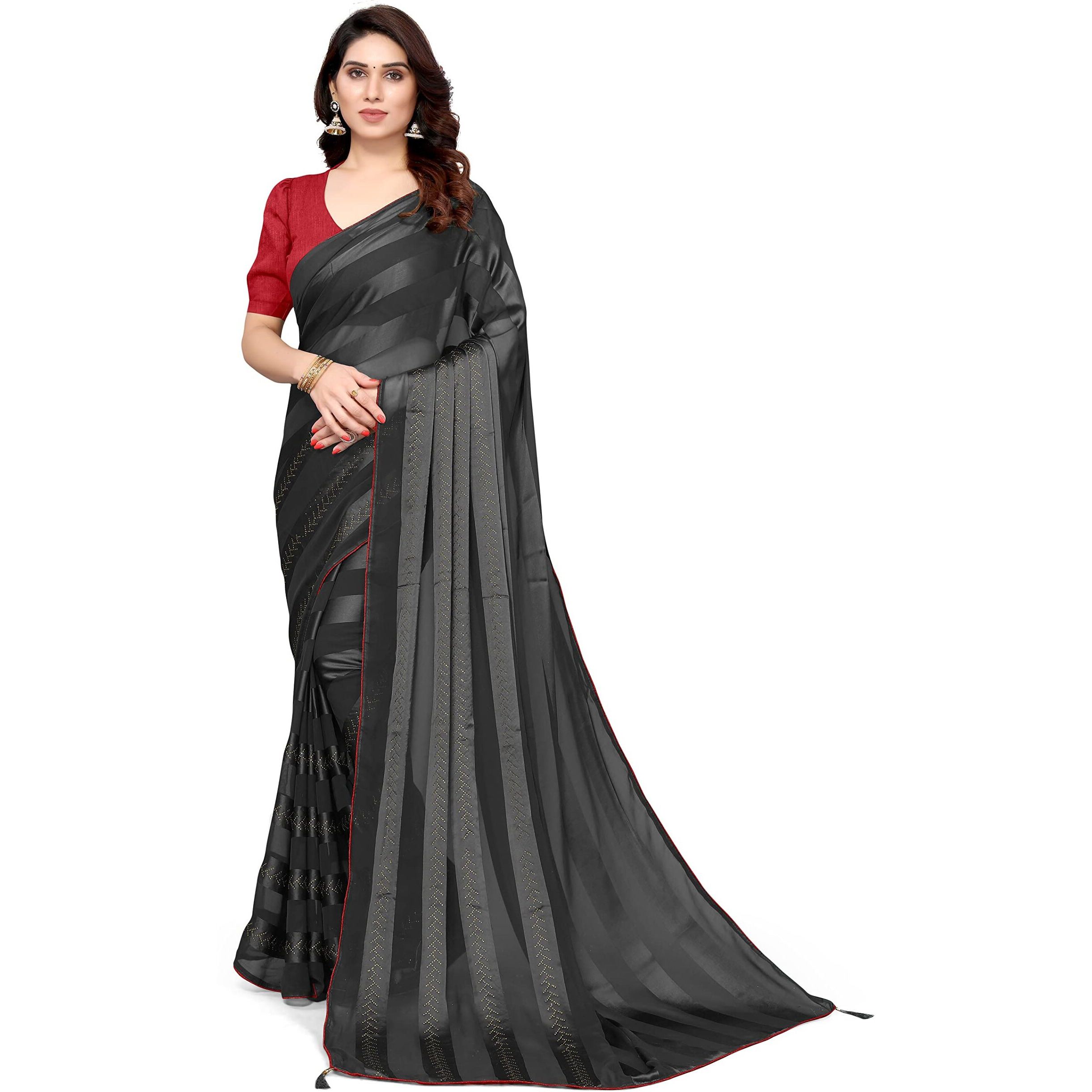 MIRCHI FASHION Womens Plain Weave Georgette Satin Stripes Stone Embellished Saree with Blouse Piece (37217-Black)