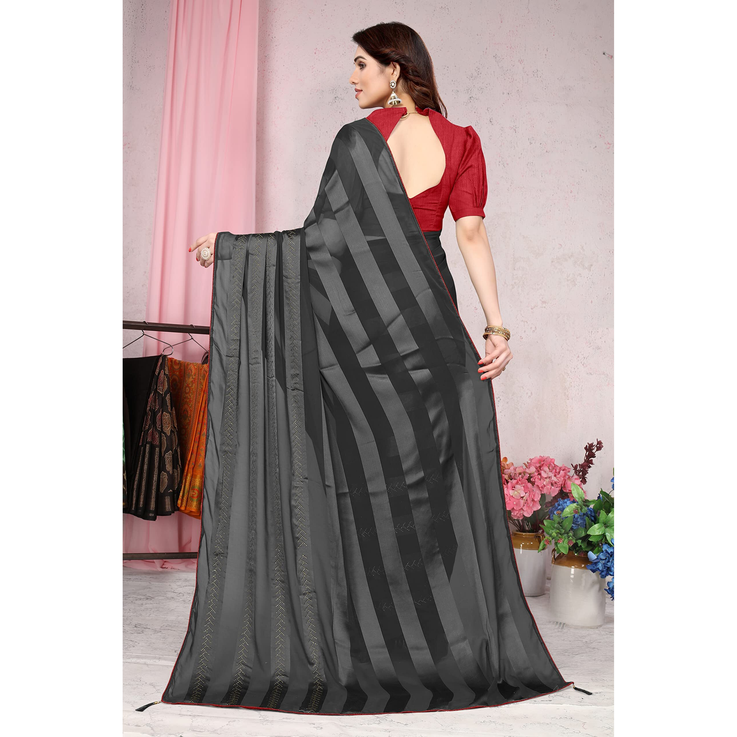 MIRCHI FASHION Womens Plain Weave Georgette Satin Stripes Stone Embellished Saree with Blouse Piece (37217-Black)