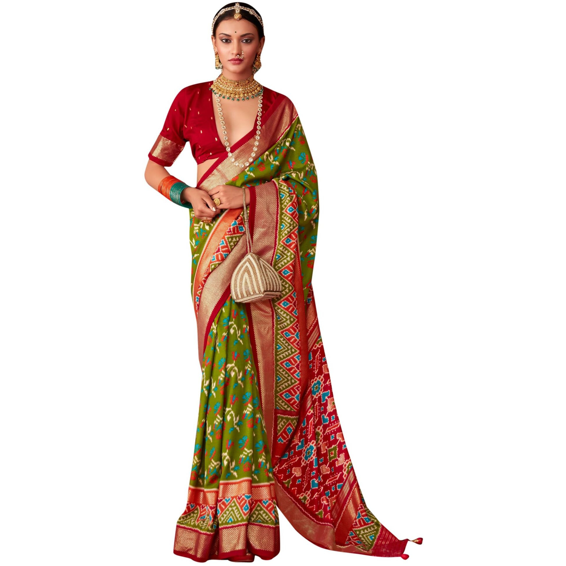 AKHILAM Womens Tussar Silk Ikat Printed Saree With Unstitched Blouse Piece(Green_AKSHRA1006_SS)