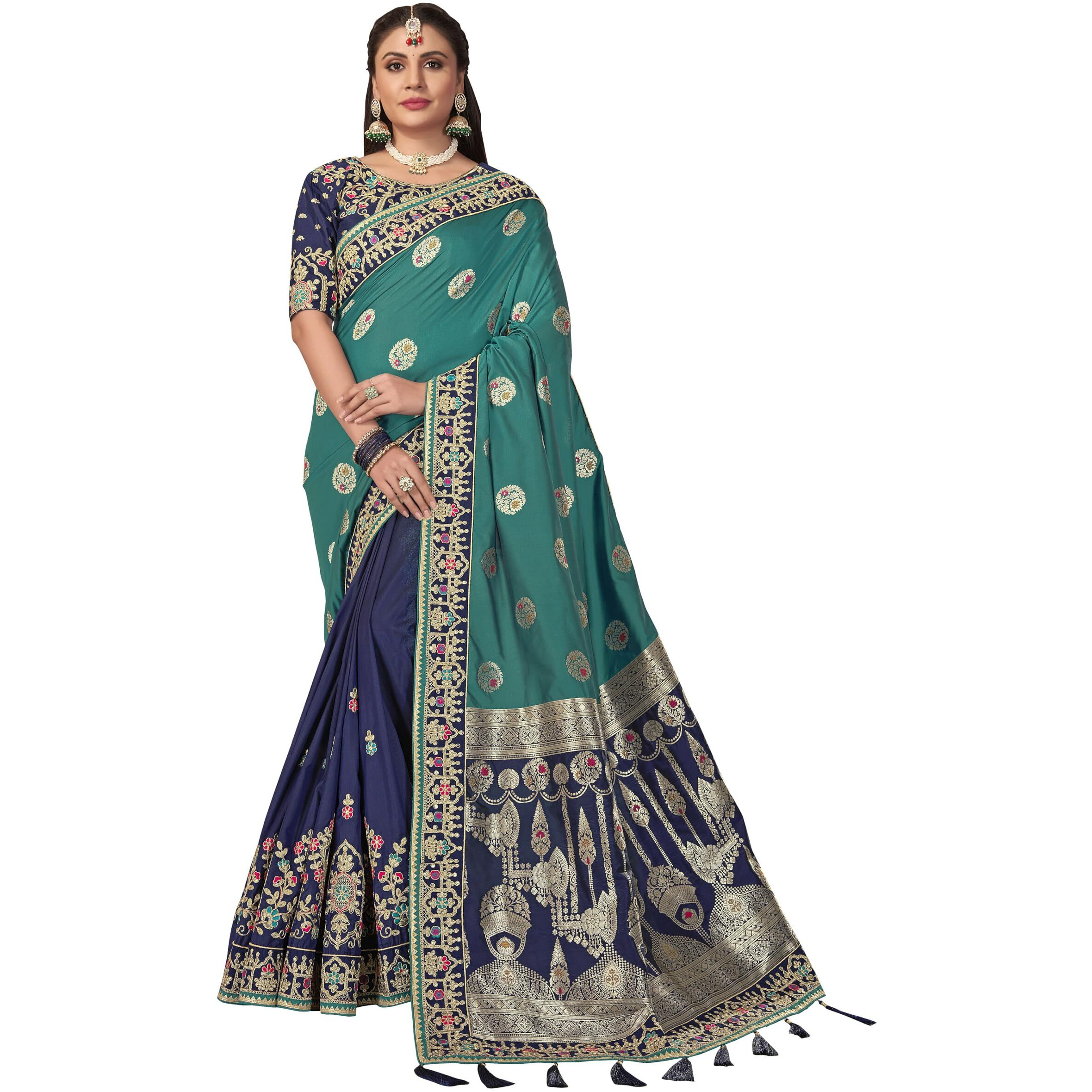 MANOHARI Banarasi Silk Woven Saree With Heavy Embroidery Blouse Piece_Mn1878 - Women, Blue