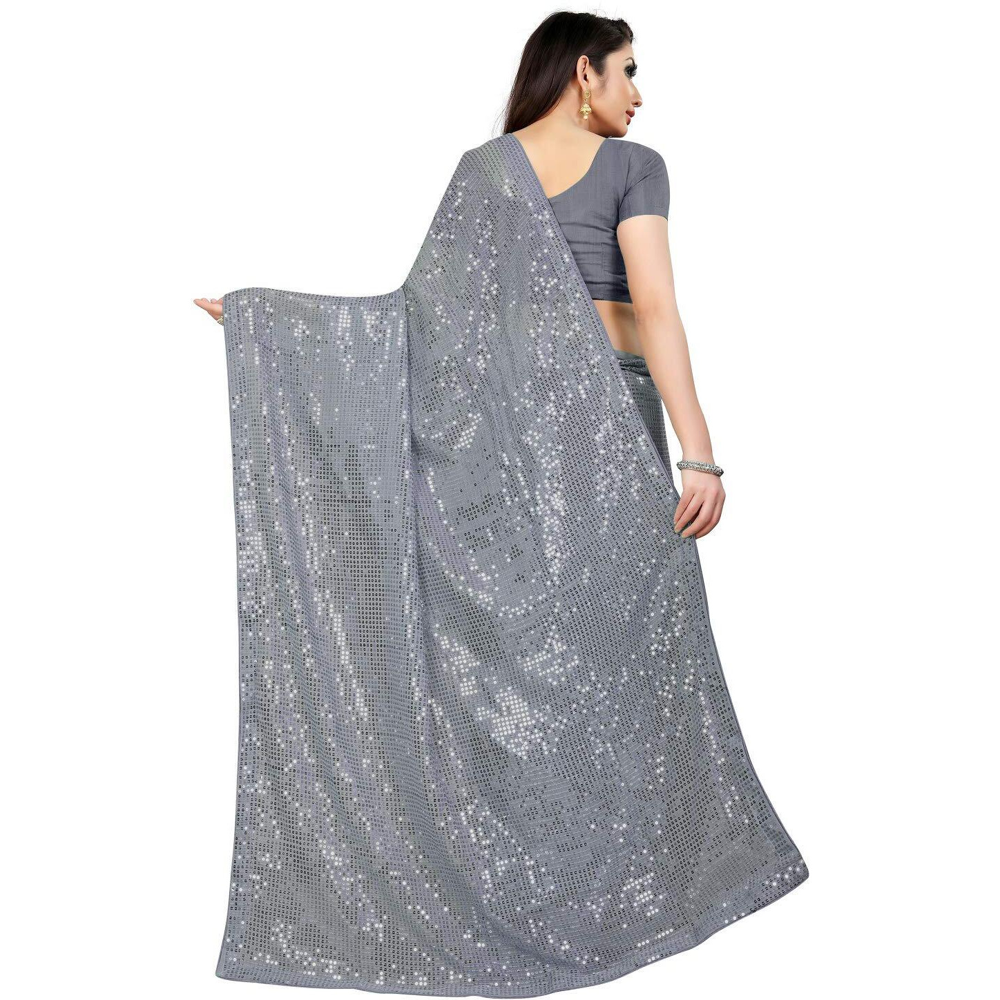 Florely Womens Pure Georgette sequence saree with unstiched blouse piece(Free size) (Grey)