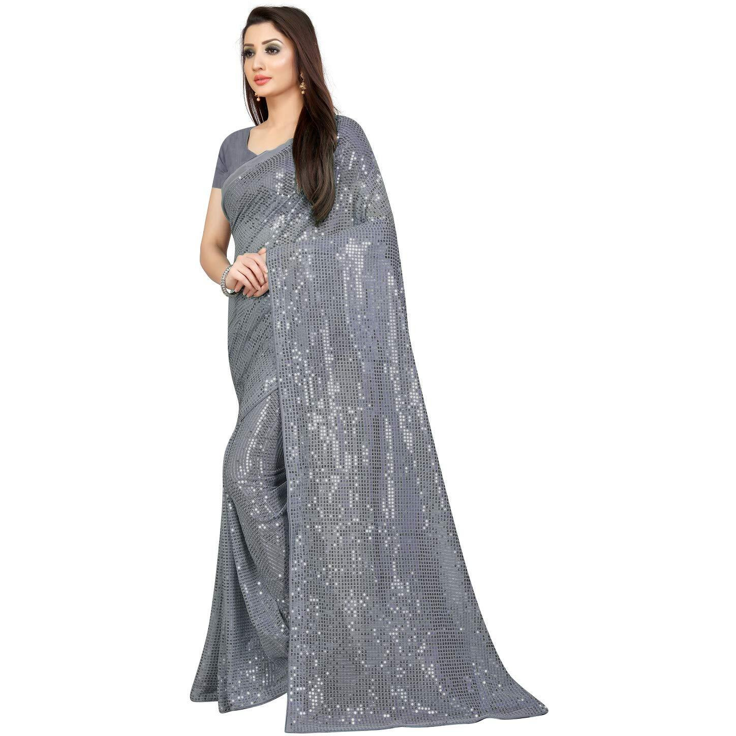 Florely Womens Pure Georgette sequence saree with unstiched blouse piece(Free size) (Grey)