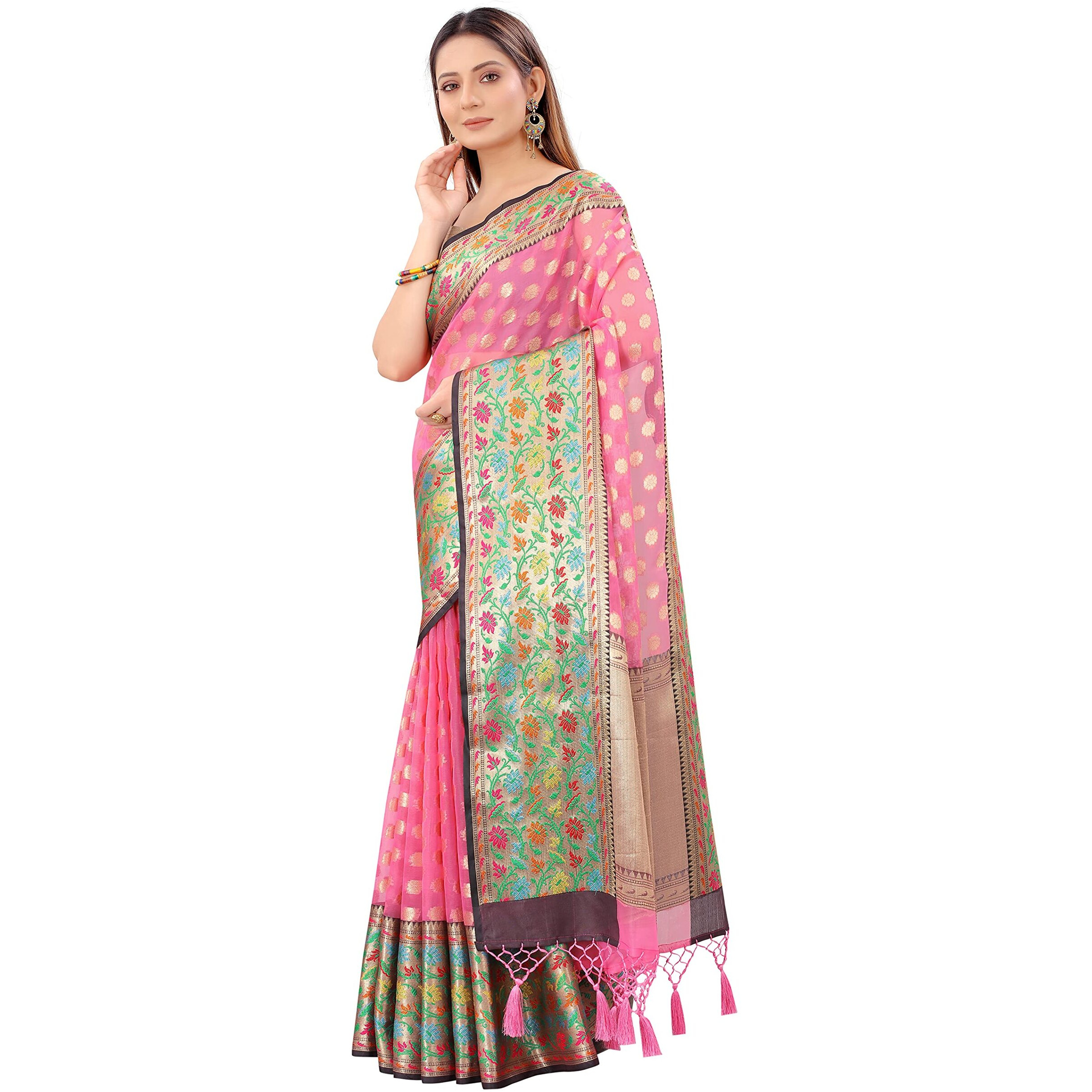 Enthone Womens Banarasi Soft Silk Saree With Unstitched Blouse Piece(Pink)