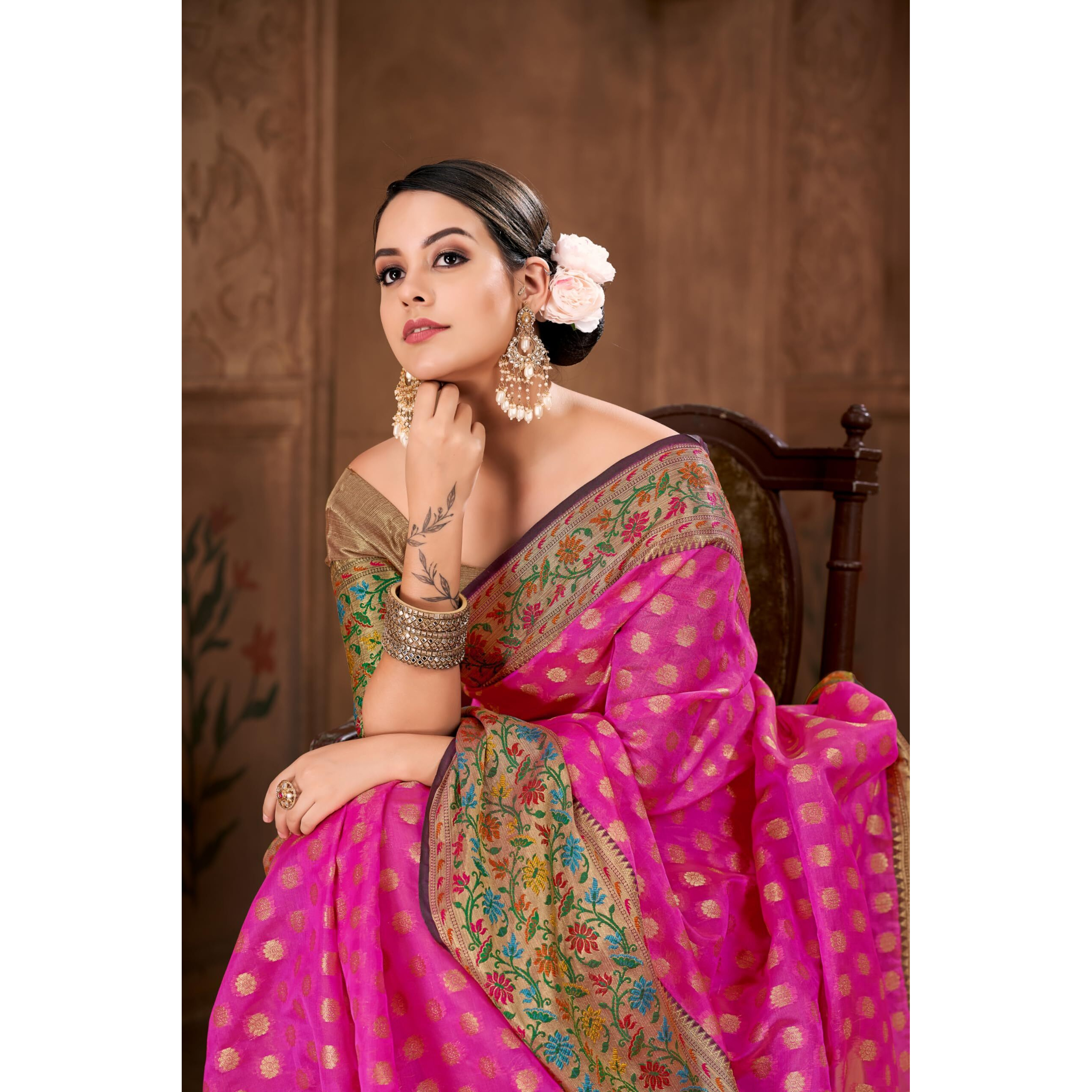 Enthone Womens Banarasi Soft Silk Saree With Unstitched Blouse Piece(Pink)