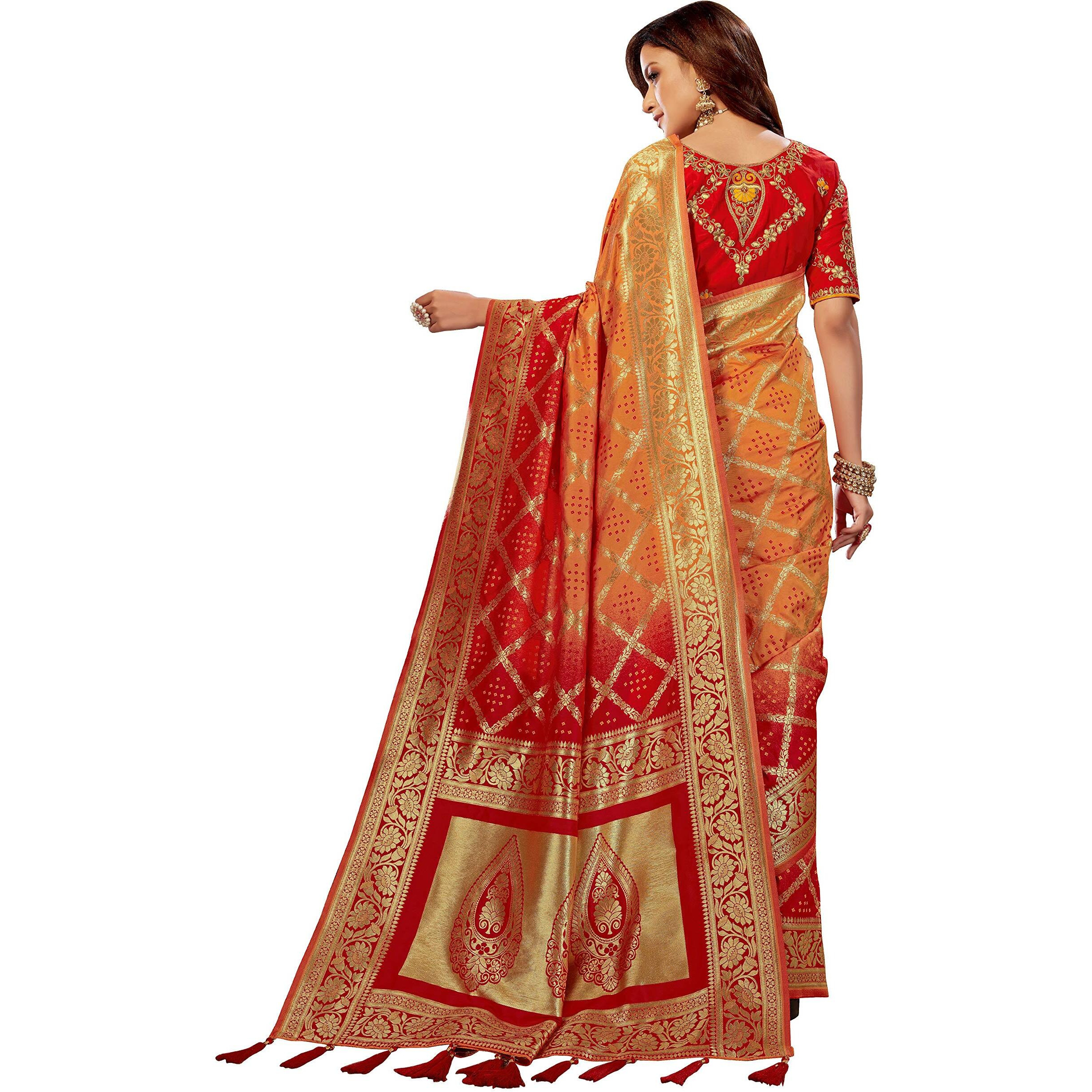 MANOHARI Banarasi Silk Traditional Hlaf & Half Multi color saree for women with Unstitch Heavy Blouse Piece-1875-1