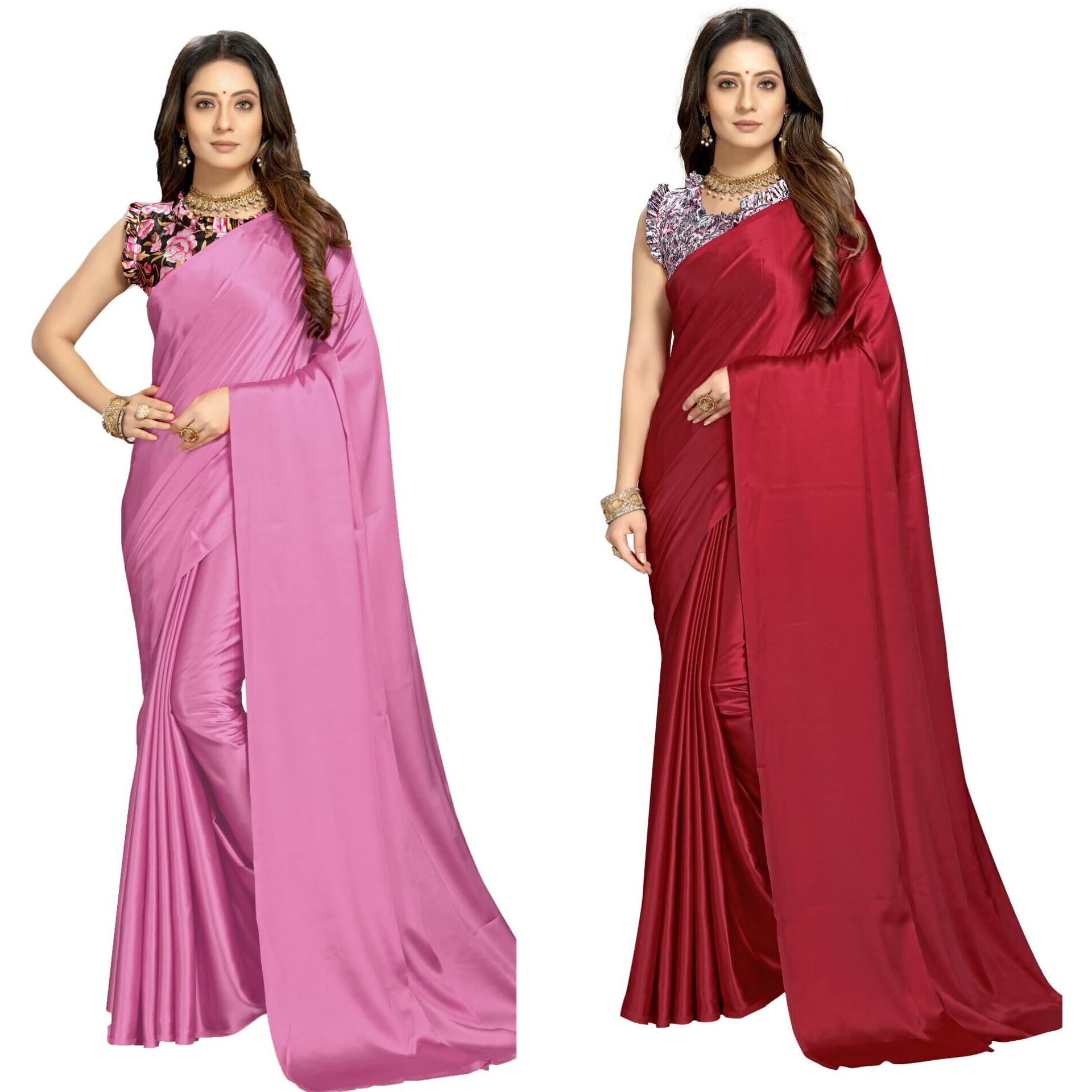 FLORESTA FASHION Combo Of 2 Soft Satin Silk Saree For Women With a Digital Printed Unstieched Blouse Piece(2 Piece Saree & 2 Unstieched Blouse Piece) (N.MAGENTA + N. MAROON)