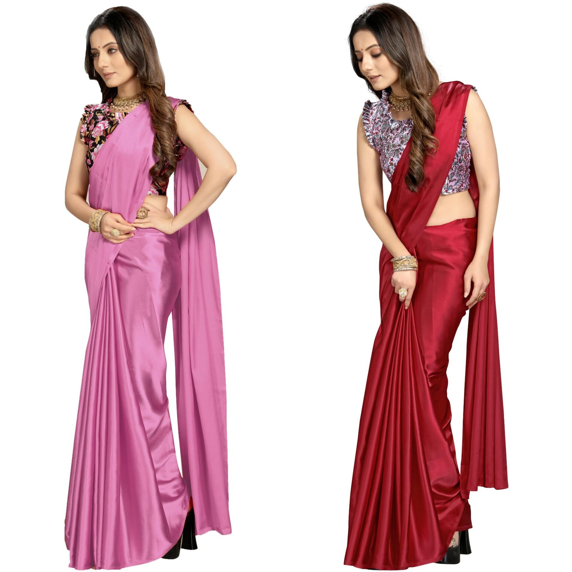 FLORESTA FASHION Combo Of 2 Soft Satin Silk Saree For Women With a Digital Printed Unstieched Blouse Piece(2 Piece Saree & 2 Unstieched Blouse Piece) (N.MAGENTA + N. MAROON)