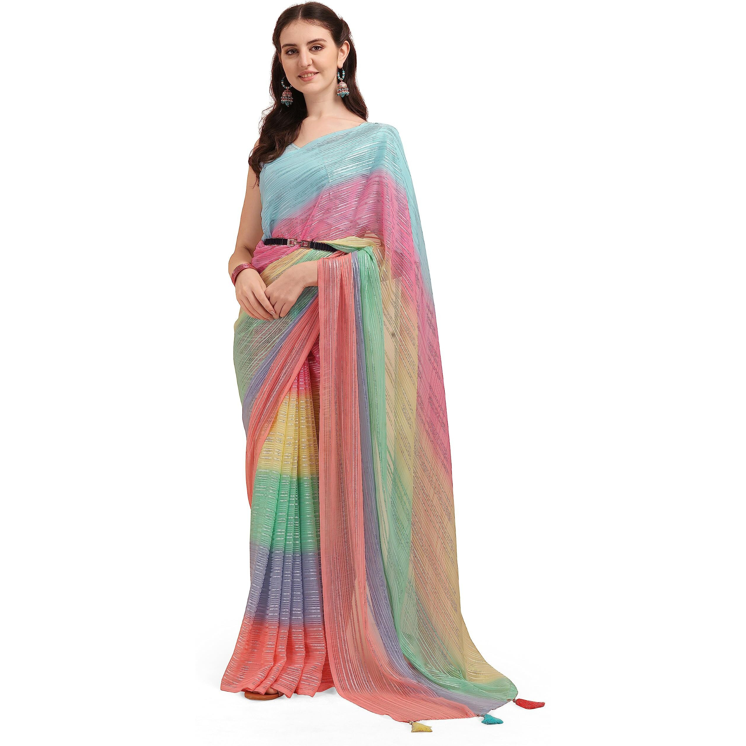 EthnicJunction Womens Georgette Stripted Digital Print Multicolor Saree With Blouse Piece