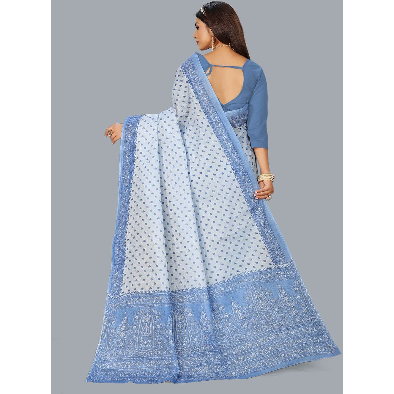 RATAN Pure Cotton Printed Mulmul Saree for Women without Blouse Piece (Blue)