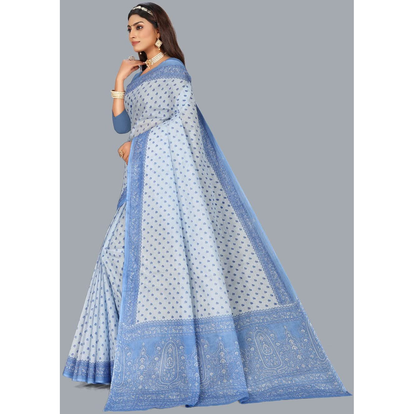 RATAN Pure Cotton Printed Mulmul Saree for Women without Blouse Piece (Blue)