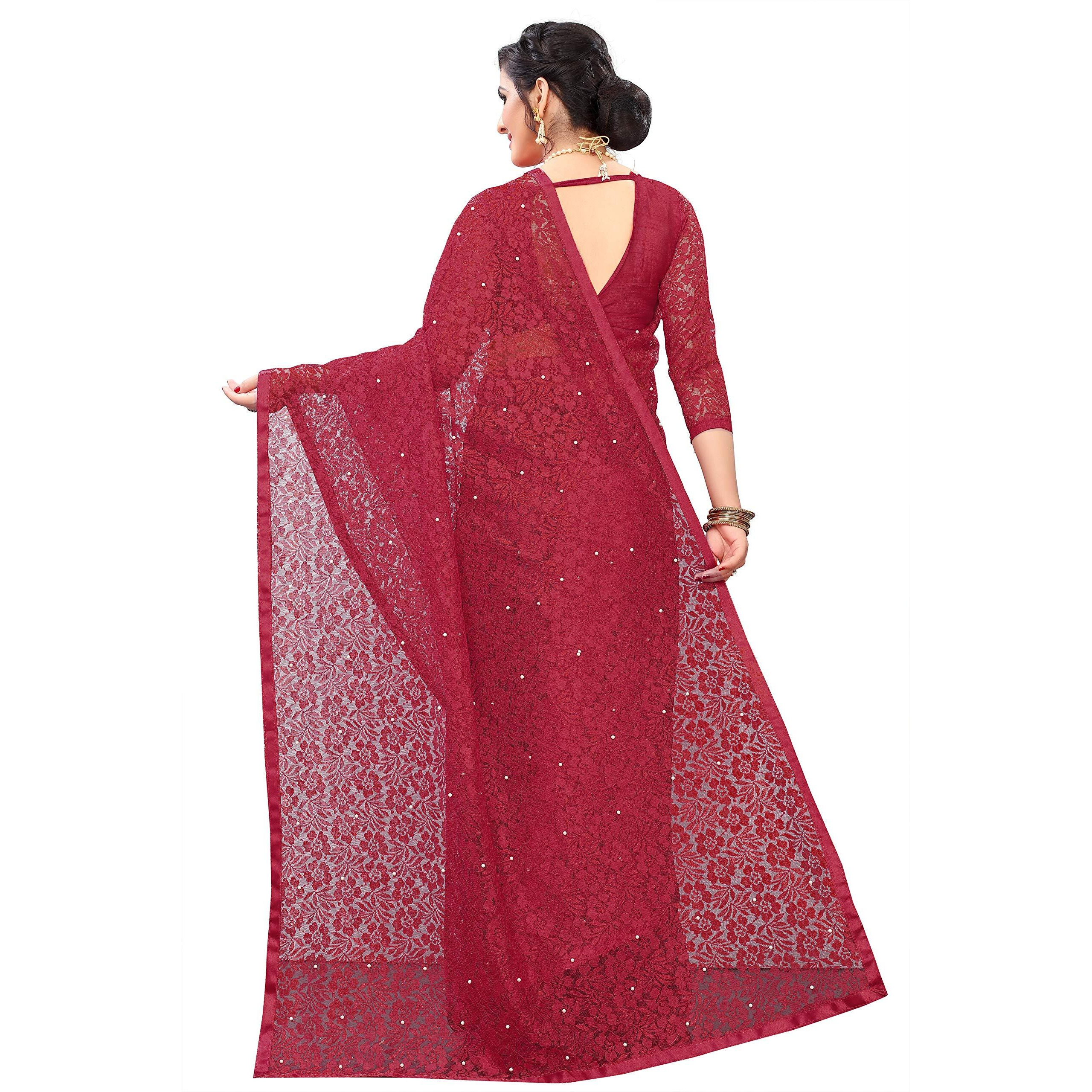 LOROFY Womens Net Saree (With Blouse_Free Size) (Maroon)