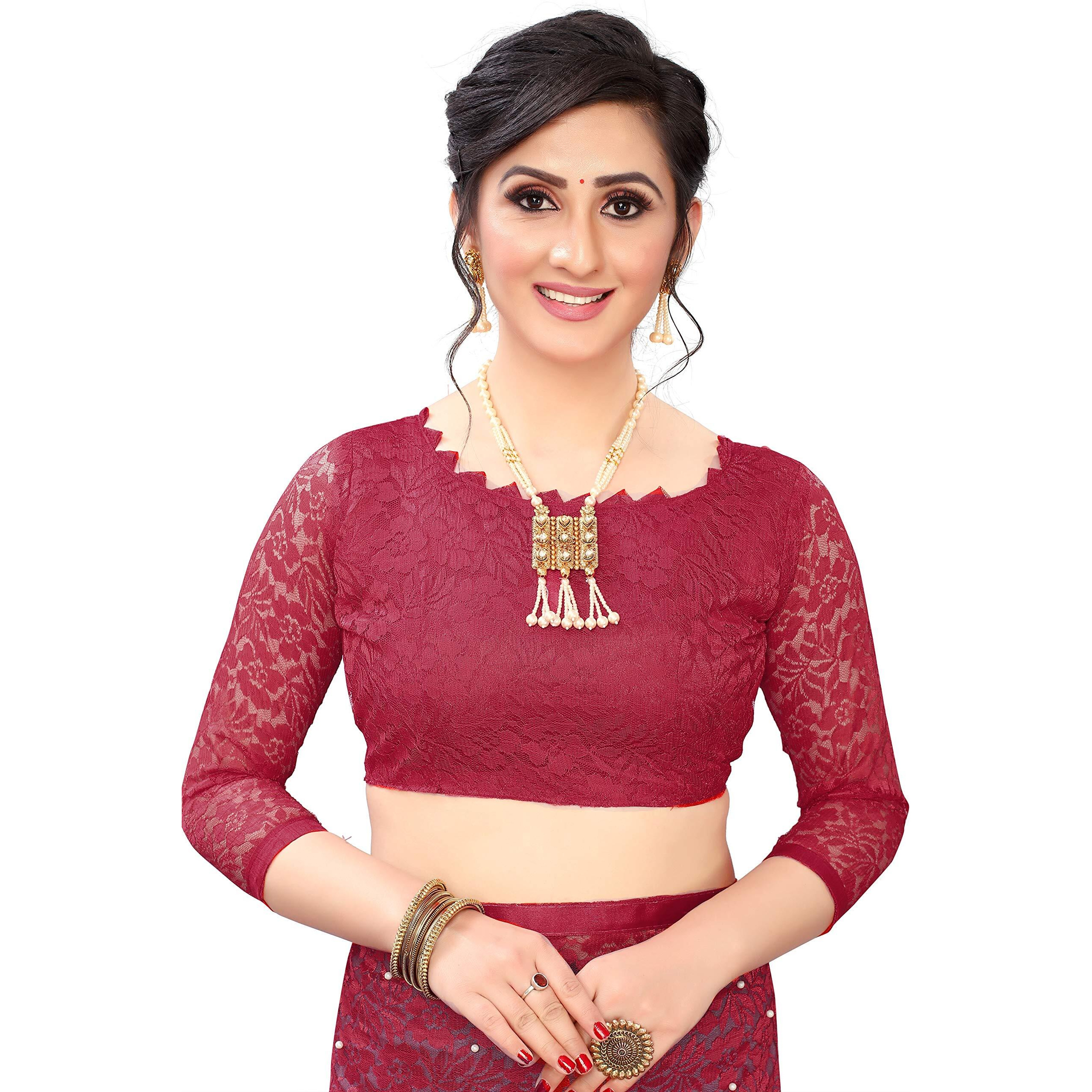 LOROFY Womens Net Saree (With Blouse_Free Size) (Maroon)