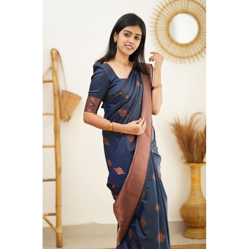 Flosive Womens Present Banarasi Soft Lichi Silk Saree Beautiful Jacquard Rich Pallu Design Work Zari Woven Kanjivaram Silk Style Saree With Soft Lichi Silk Blouse Piece Ayn Royal (Royal Blue)