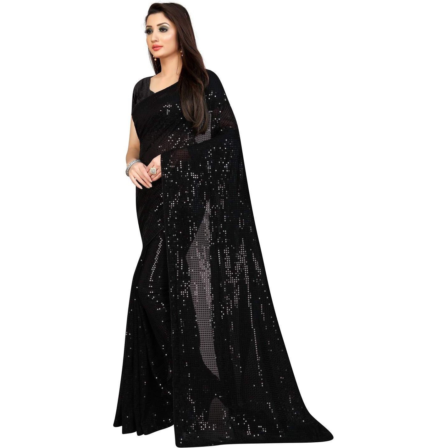 PristiveFashionHub Womens Sequence Silk Saree with Blouse Piece (Sequence-18-Saree_Black)