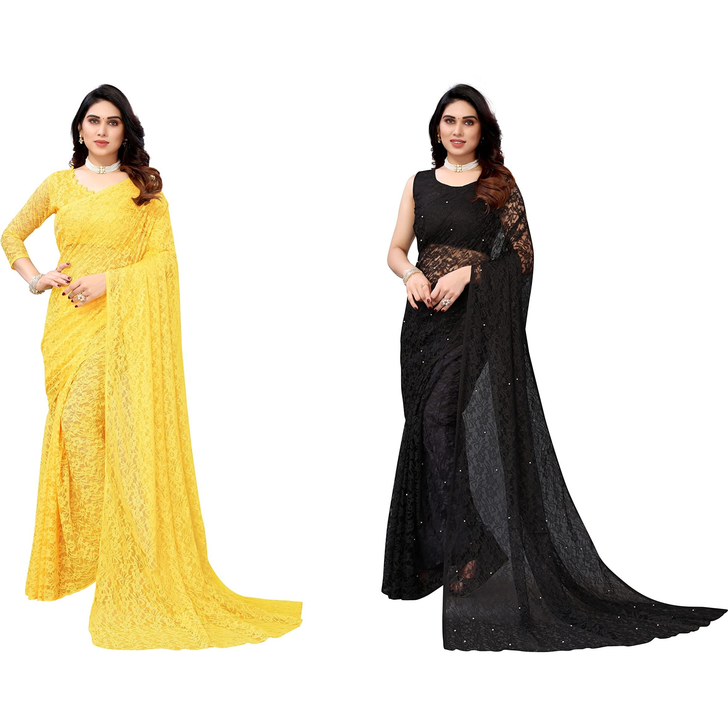 Yashika Womens Jacquard Net Standard Length Yellow-Abira Black, Saree