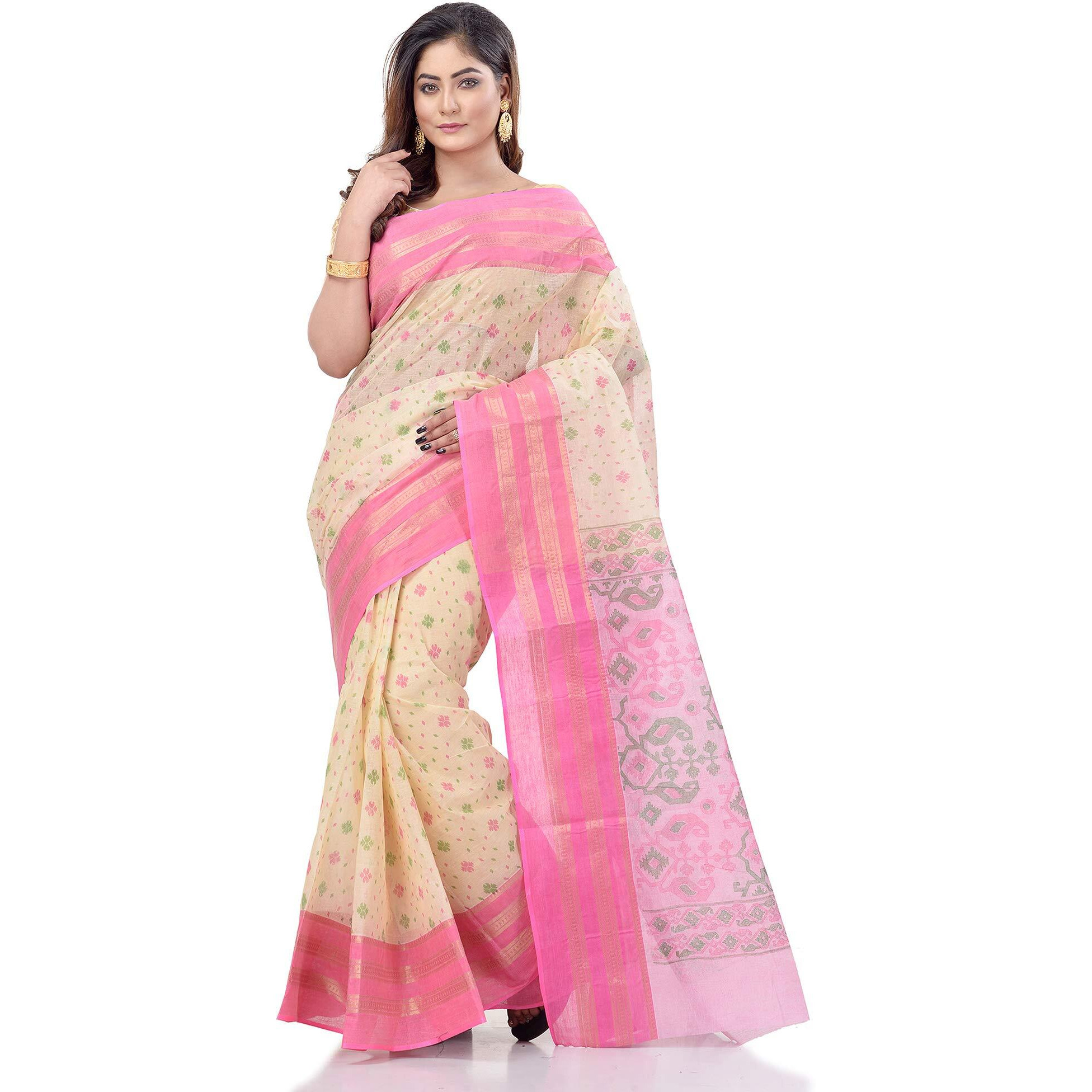 dB DESH BIDESH Women`s Bengal Tant Jamdani Printed Handloom Cotton Saree Without Blouse Piece(Pink)